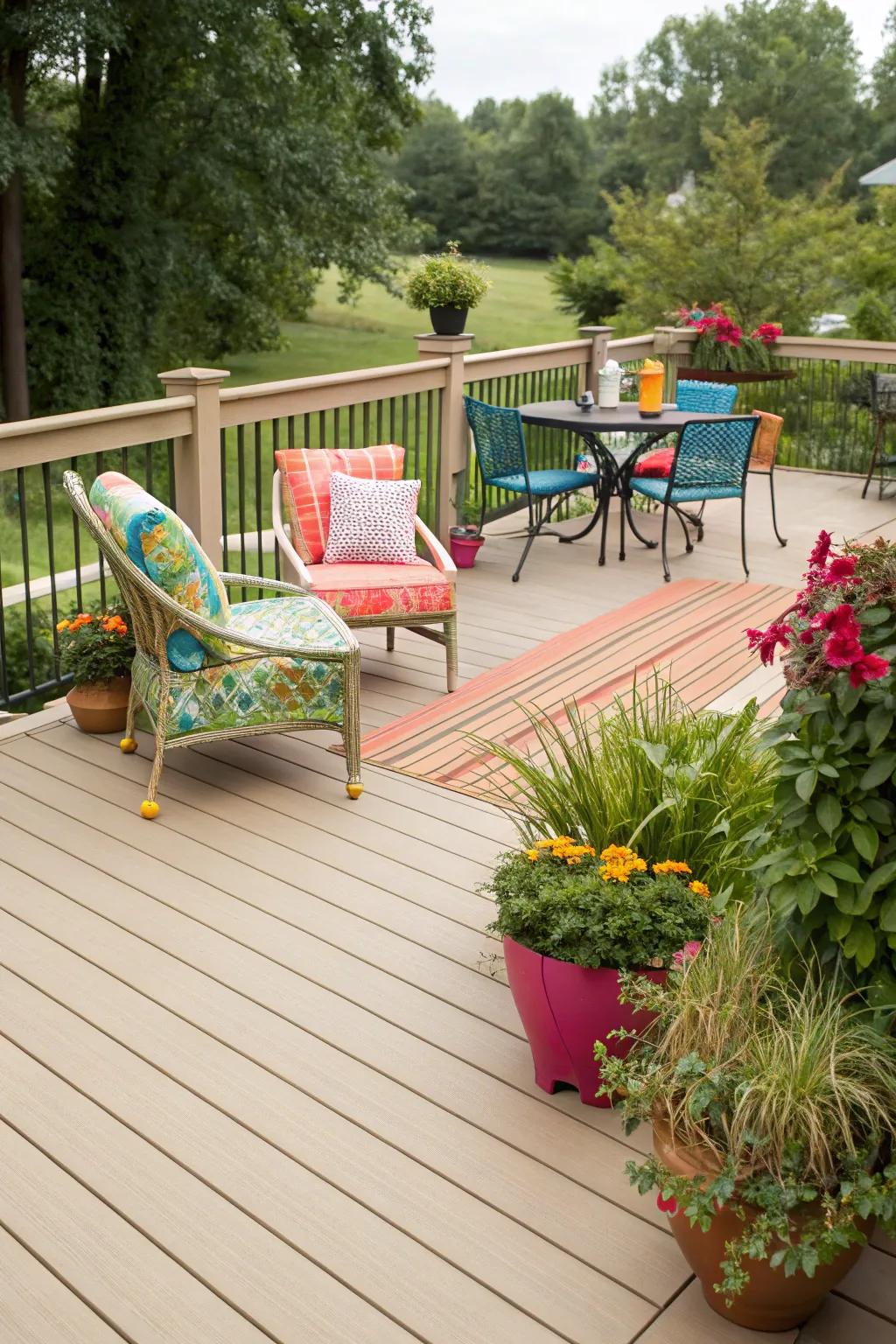 Sandstone decks serve as a perfect neutral backdrop.