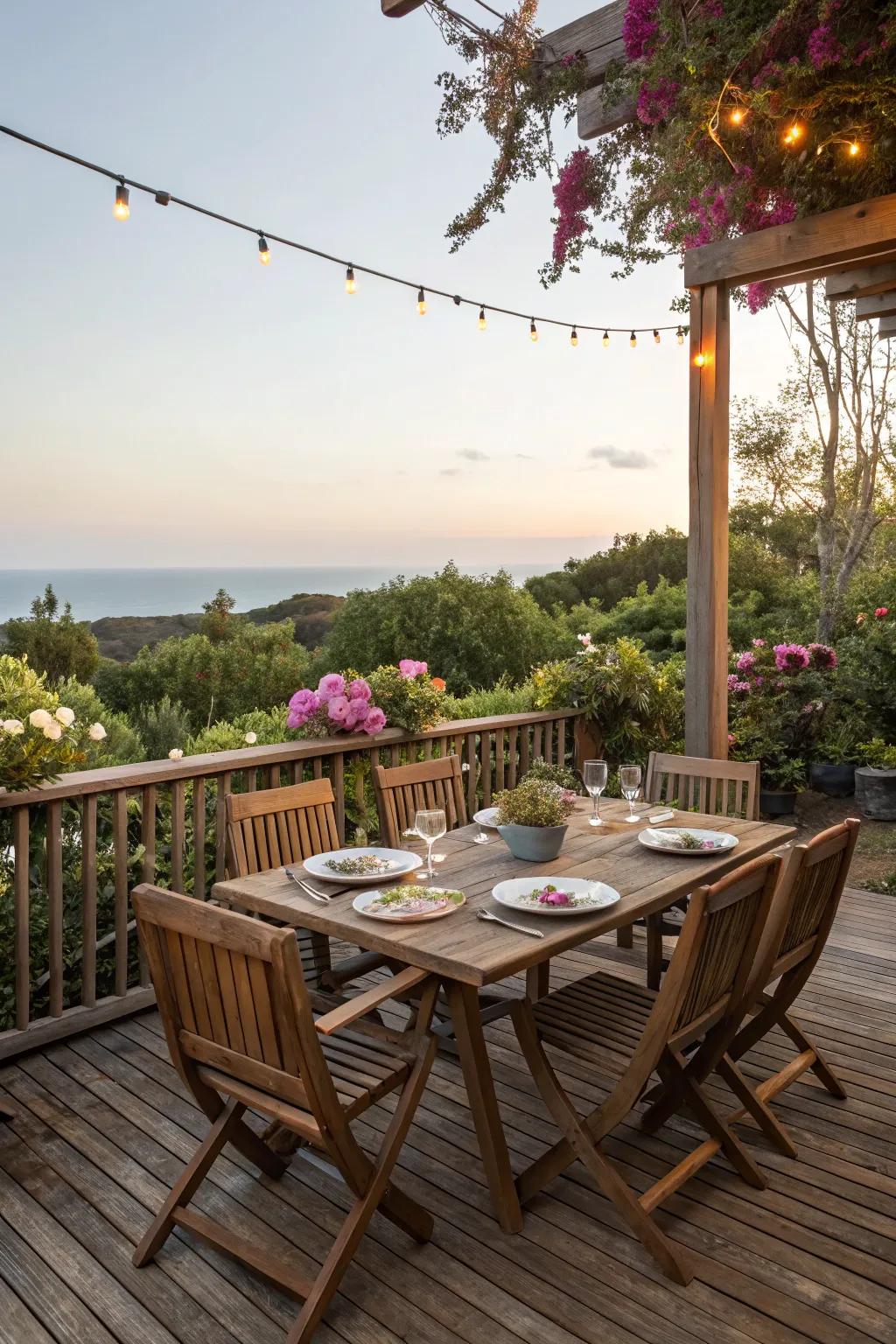 An inviting dining space on a deck, ready for a delightful meal outdoors.