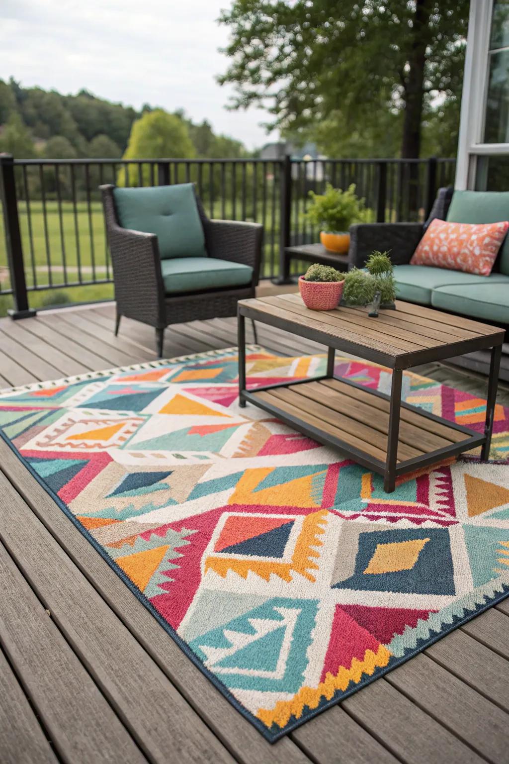 An animated rug enlivens this deck and converts it into an energetic outdoor social space.