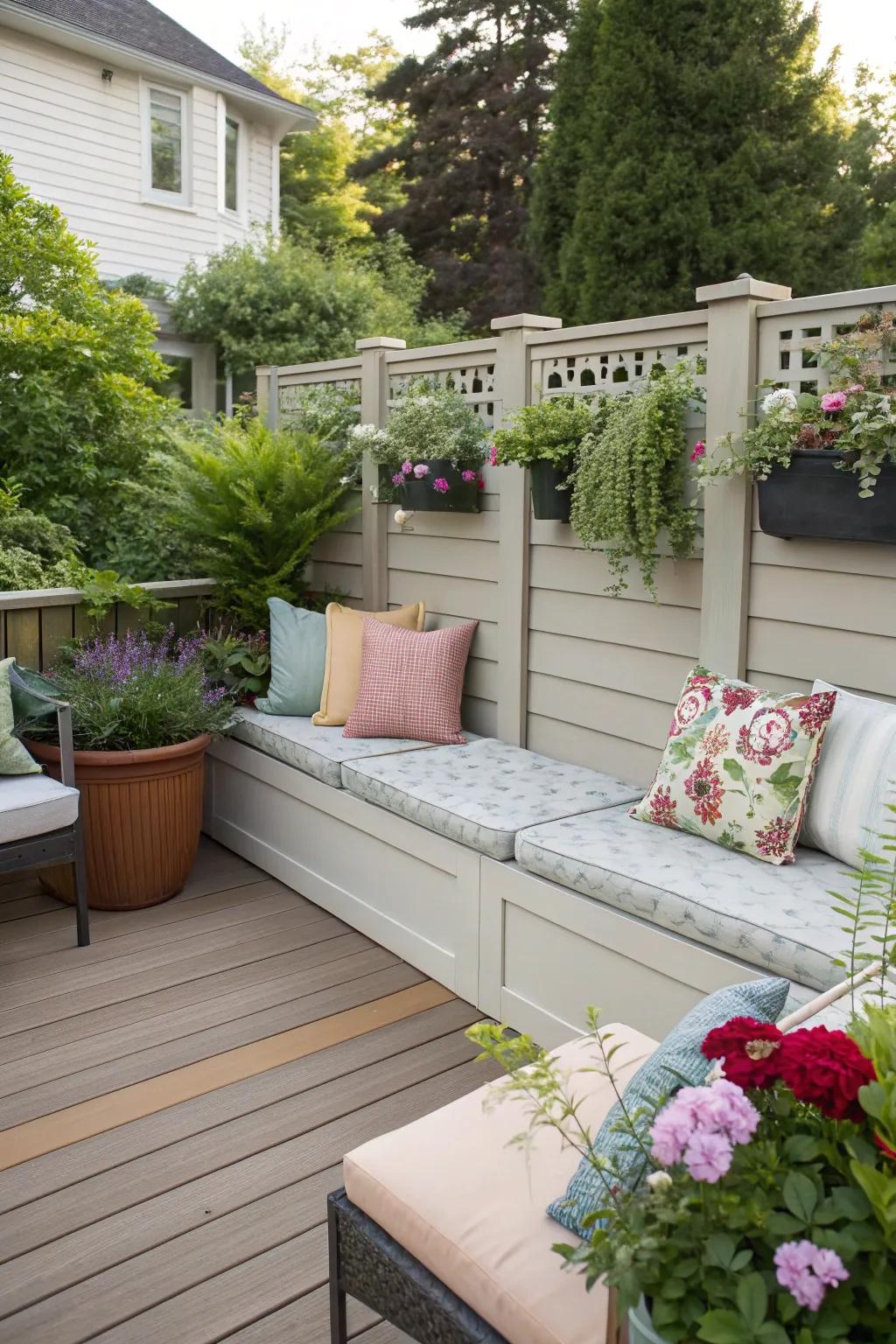 A functional privacy wall enhanced with integrated seating for supreme comfort.