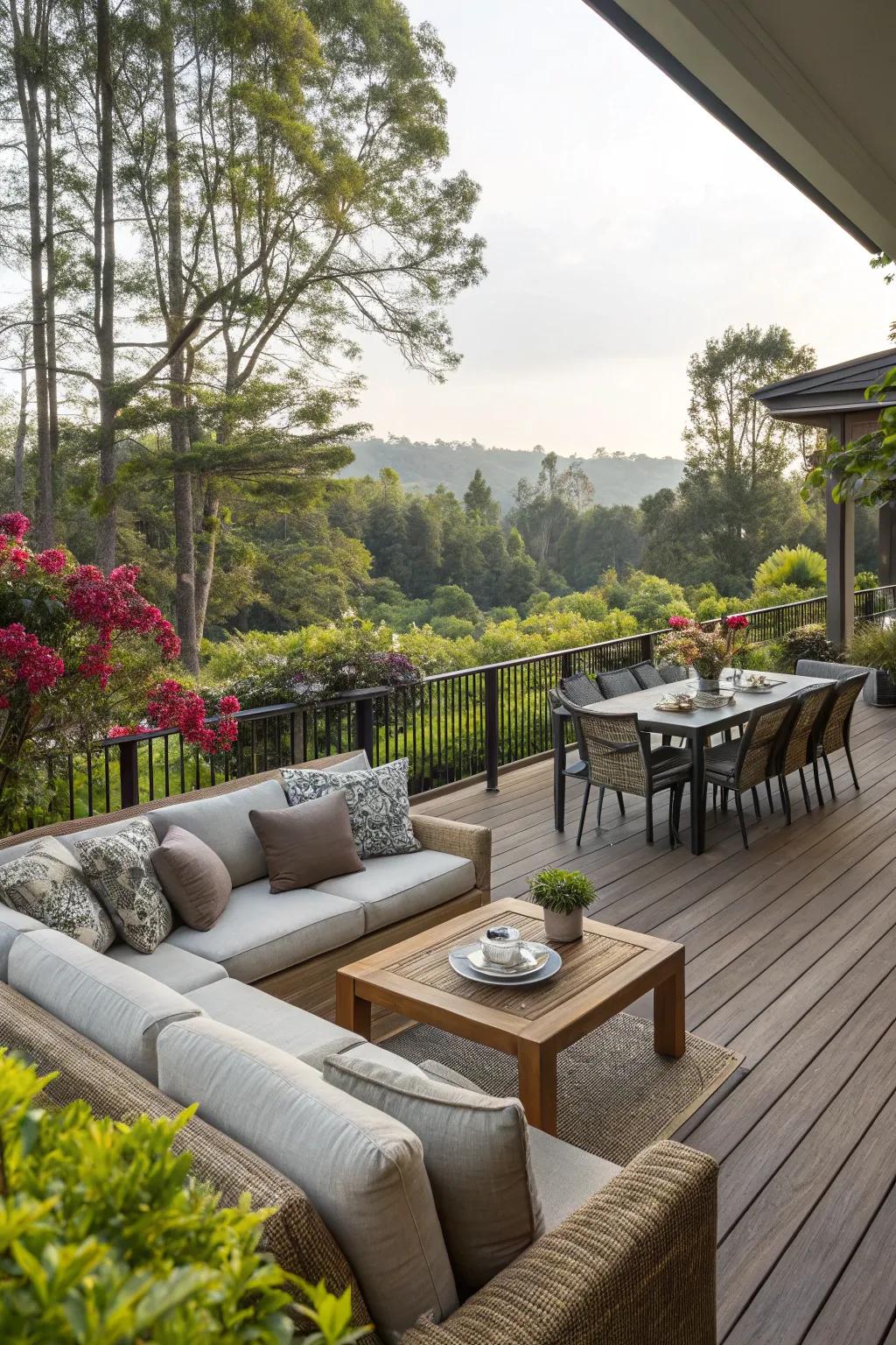 A comfortable deck is turned into a welcoming haven by furniture.