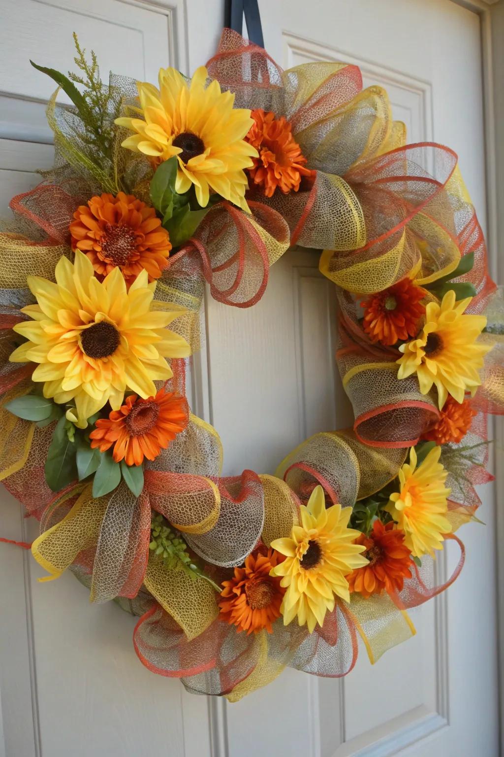 Bright silk flowers accentuate the beauty of this deco mesh wreath.