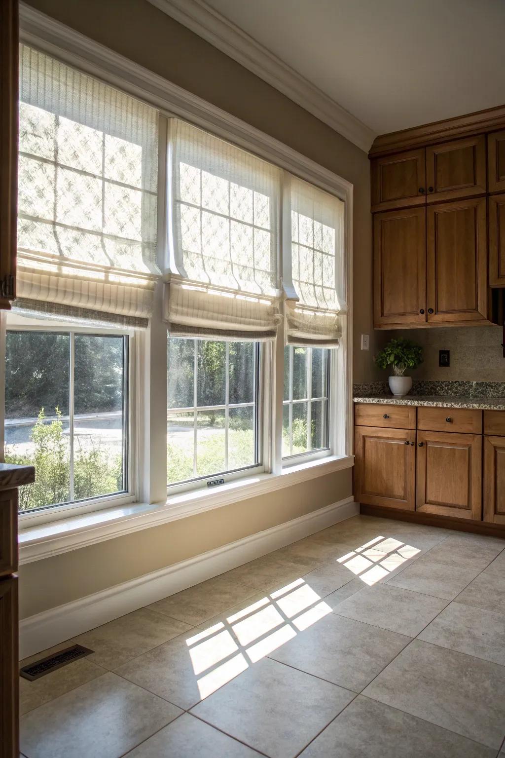 Chic fabric blinds introduce refinement into the kitchen.