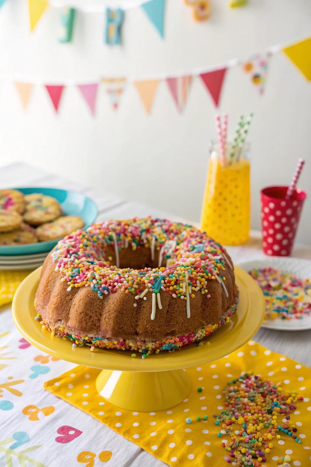 A bundt cake decorated with lively, colorful sprinkles.