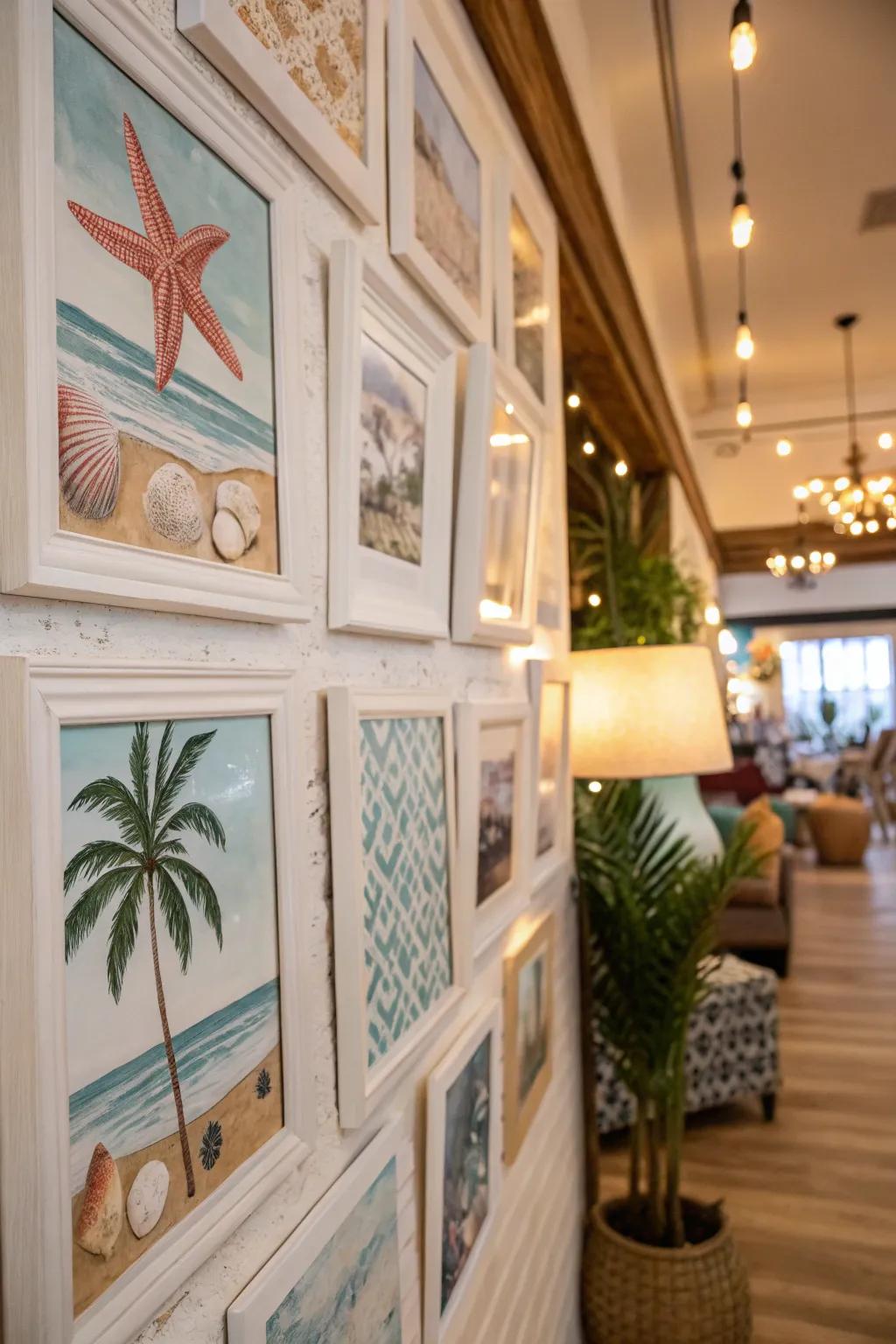 A themed layout of frames personalizes a space with a coordinated look.