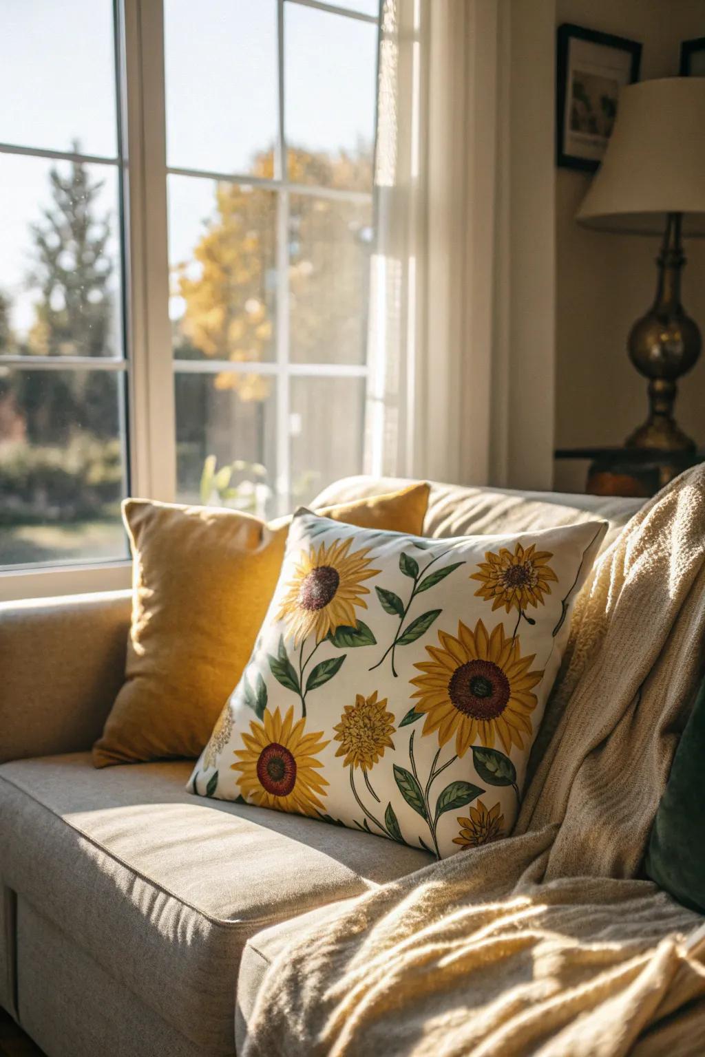 Pillows featuring sunflower patterns add warmth and color to your seating arrangement.