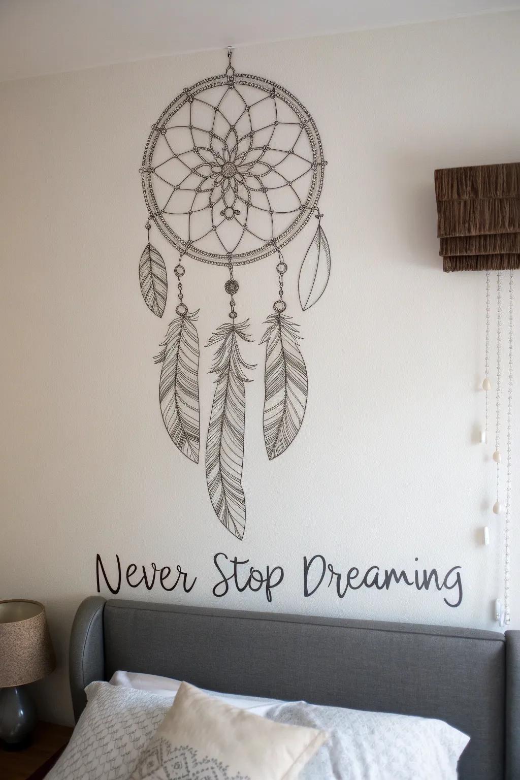 A bedroom wall with a dreamcatcher drawing and an inspirational quote.