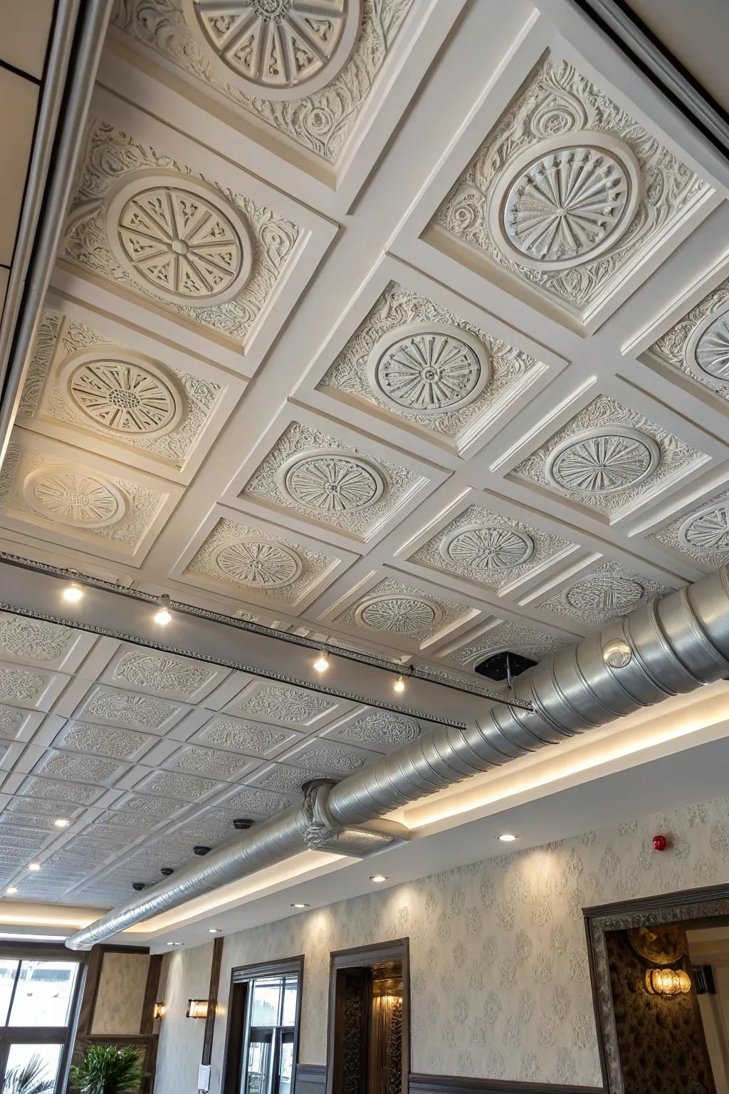 Overhead panels elegantly mask pipes.