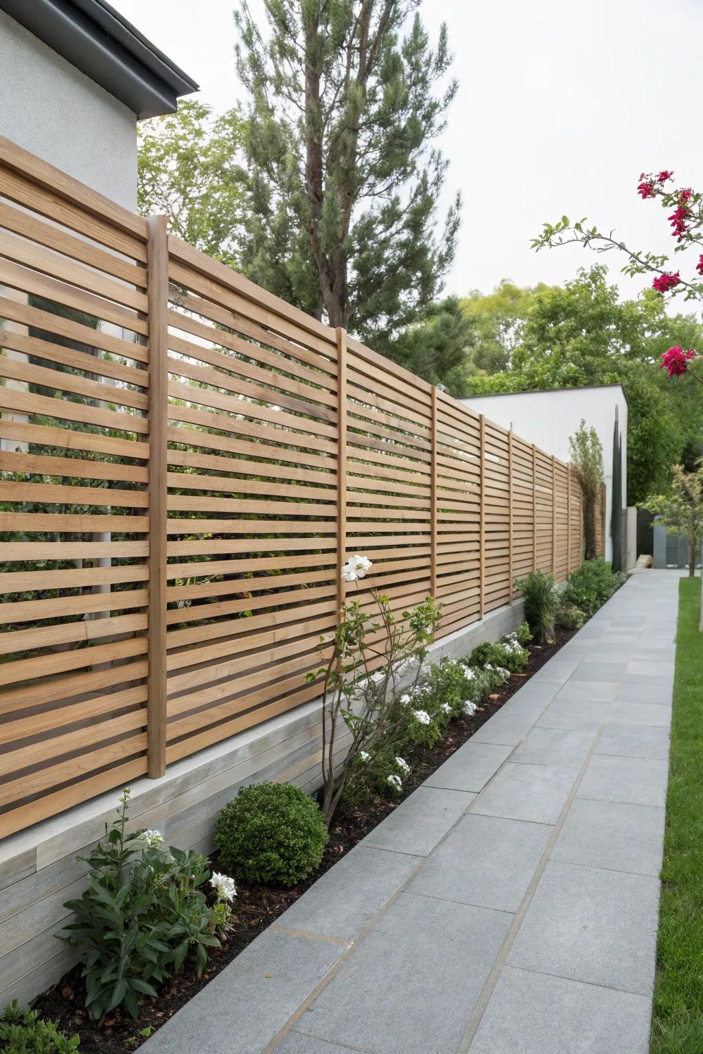 Horizontal strips originate a stylish and modern fence design.
