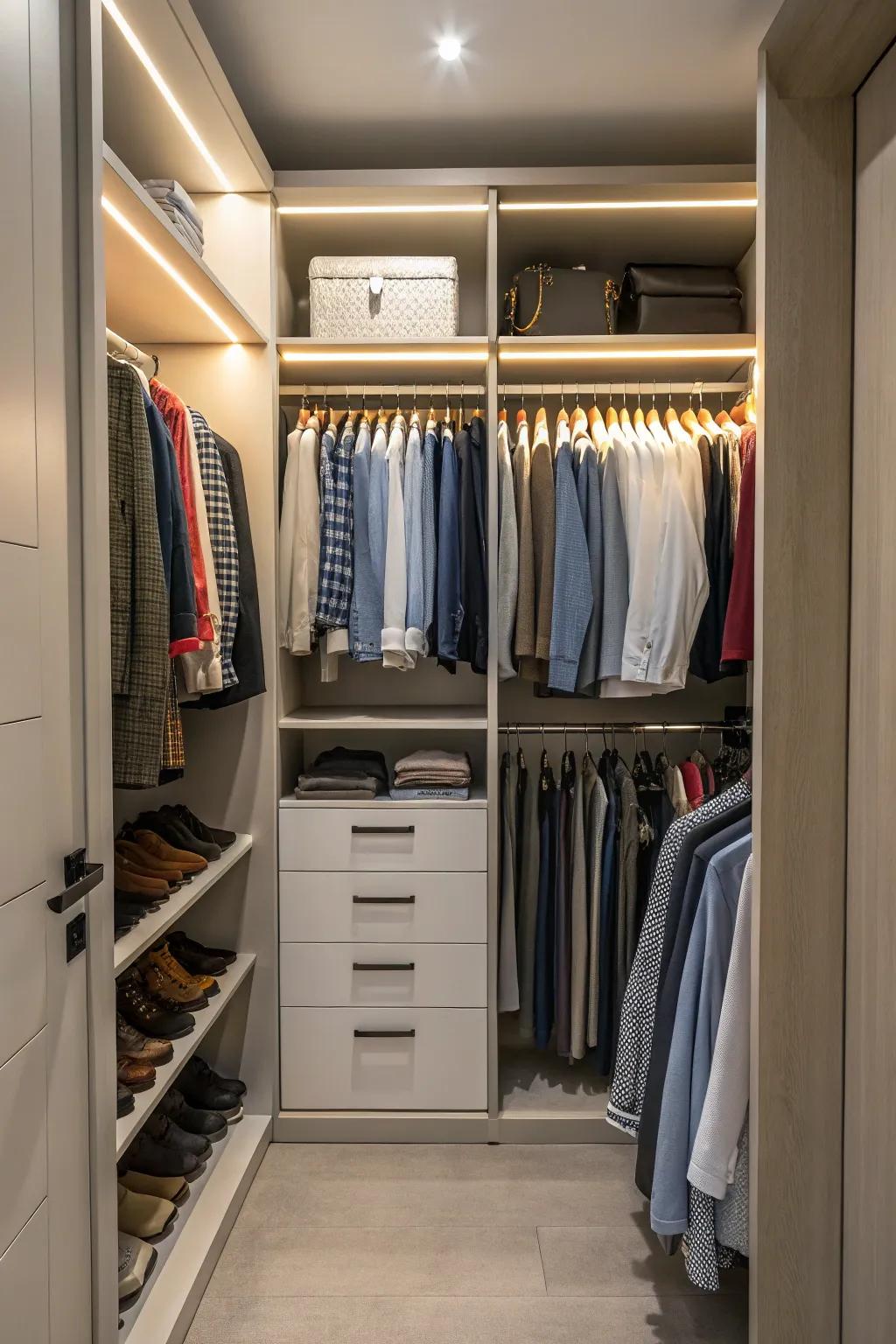 Sustain order with the savvy deployment of closet dividers.