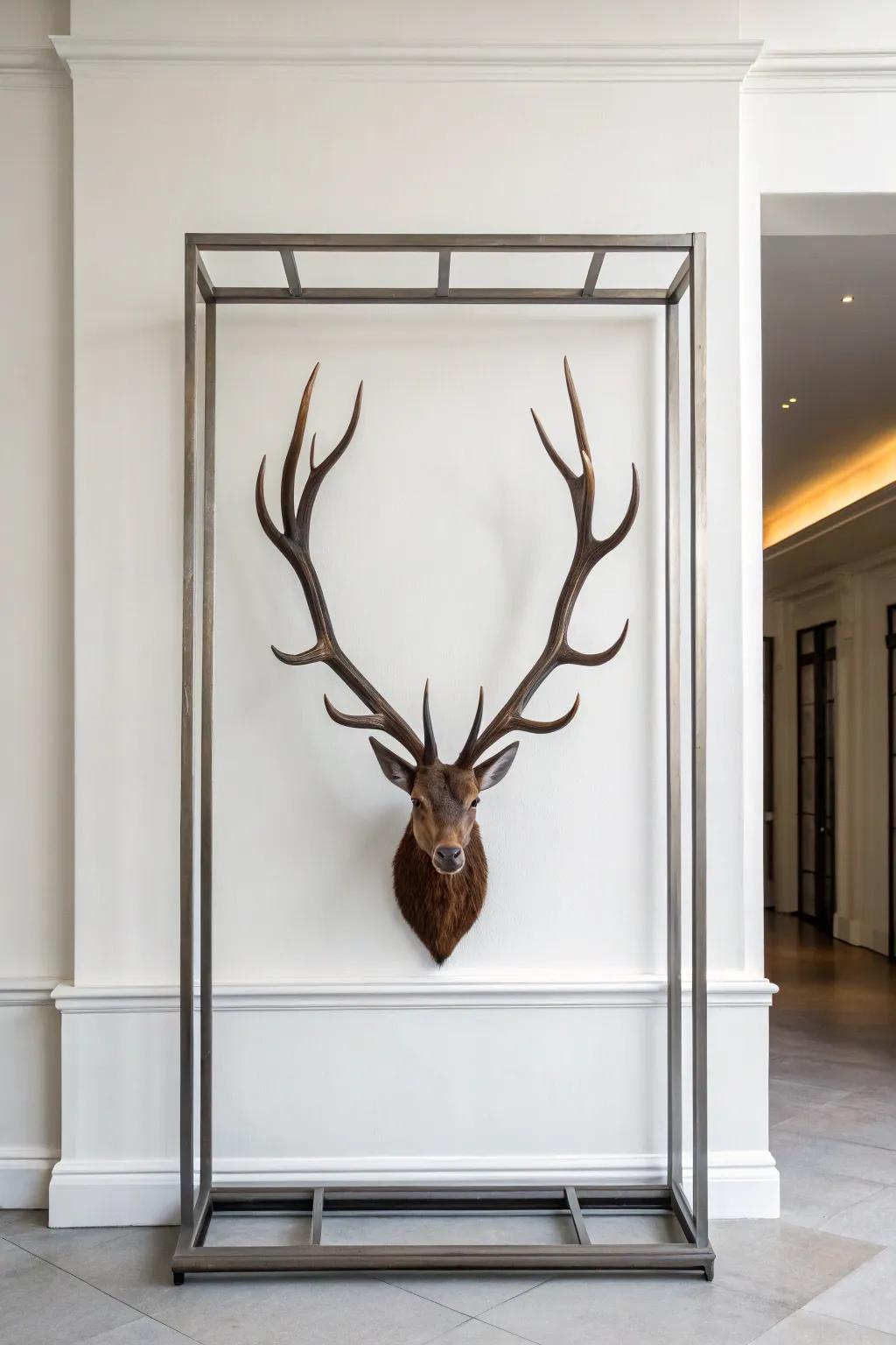 Deer antlers in a streamlined metal frame give a modern wall a minimalist touch.