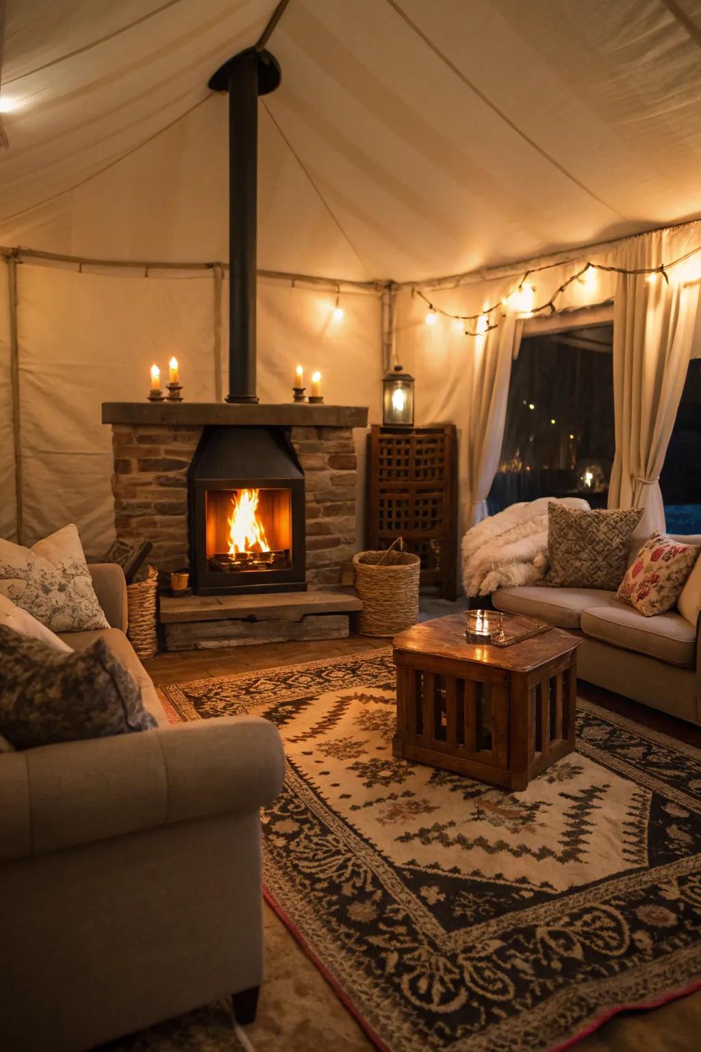 A fireplace serves as the centerpiece of a serene den.