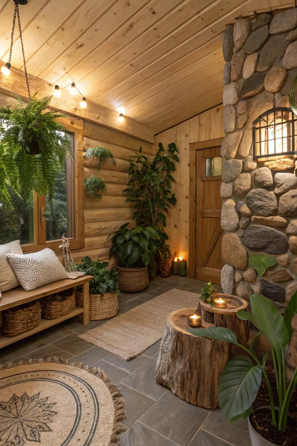 A nature-inspired den with earthy tones and natural materials.