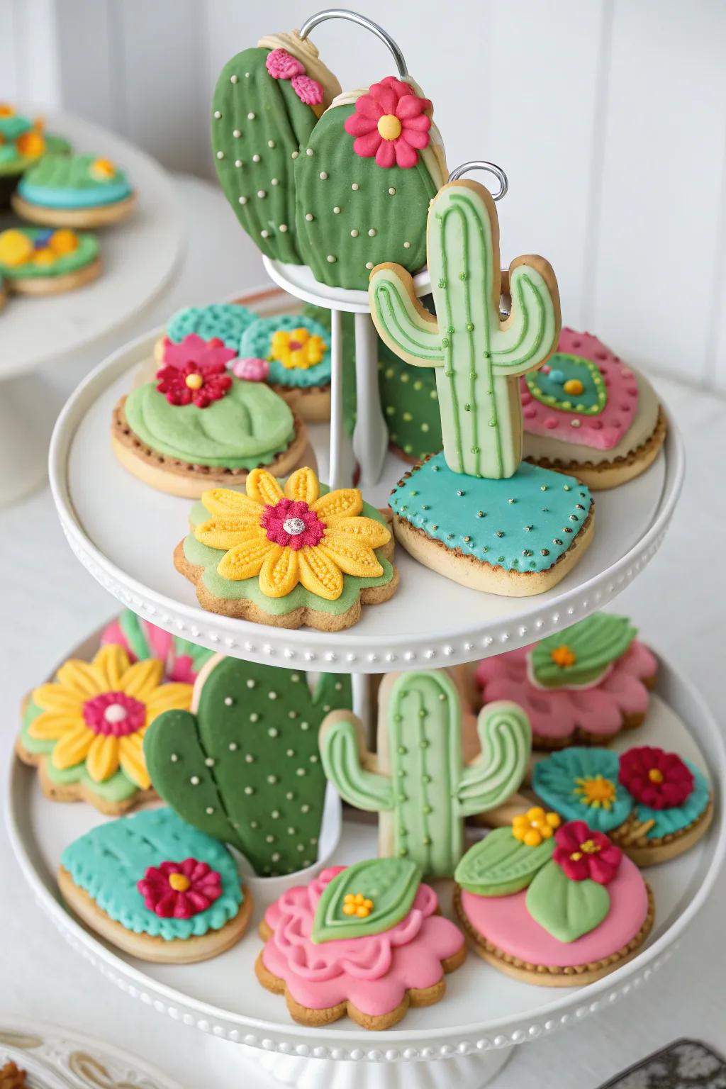 A tiered stand with succulent-shaped sweets decorated with vibrant icing flowers.
