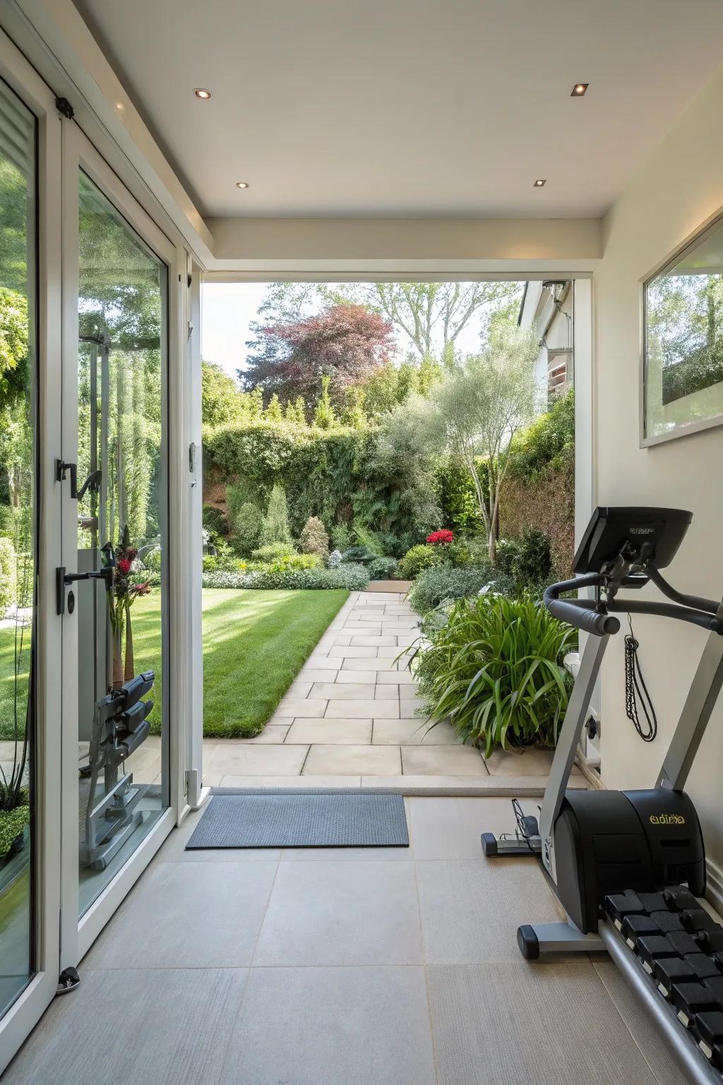 A home gym easily connected to a garden, creating a balanced indoor-outdoor workout feel.