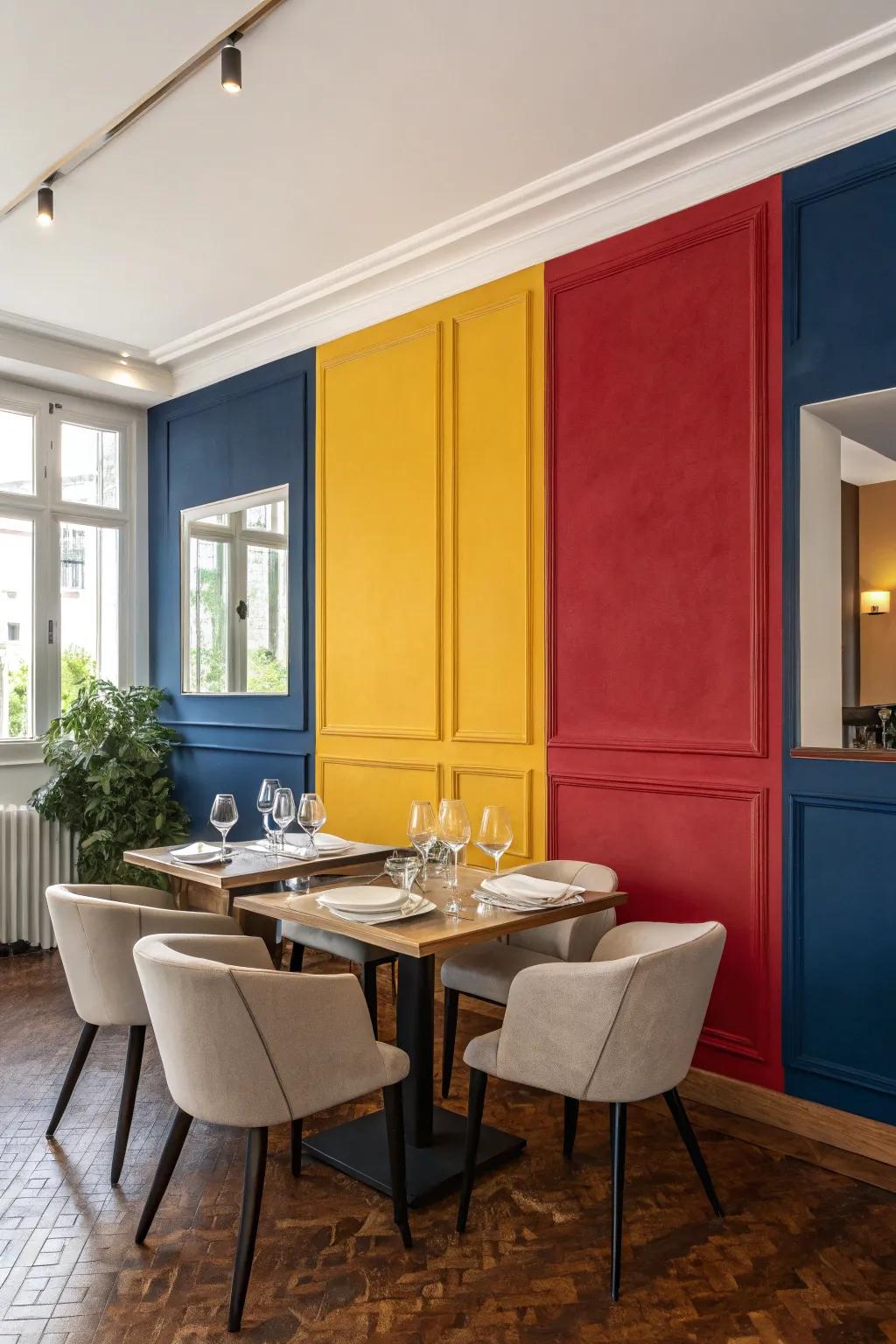 Color blocking adds a modern and dynamic edge to your dining room.
