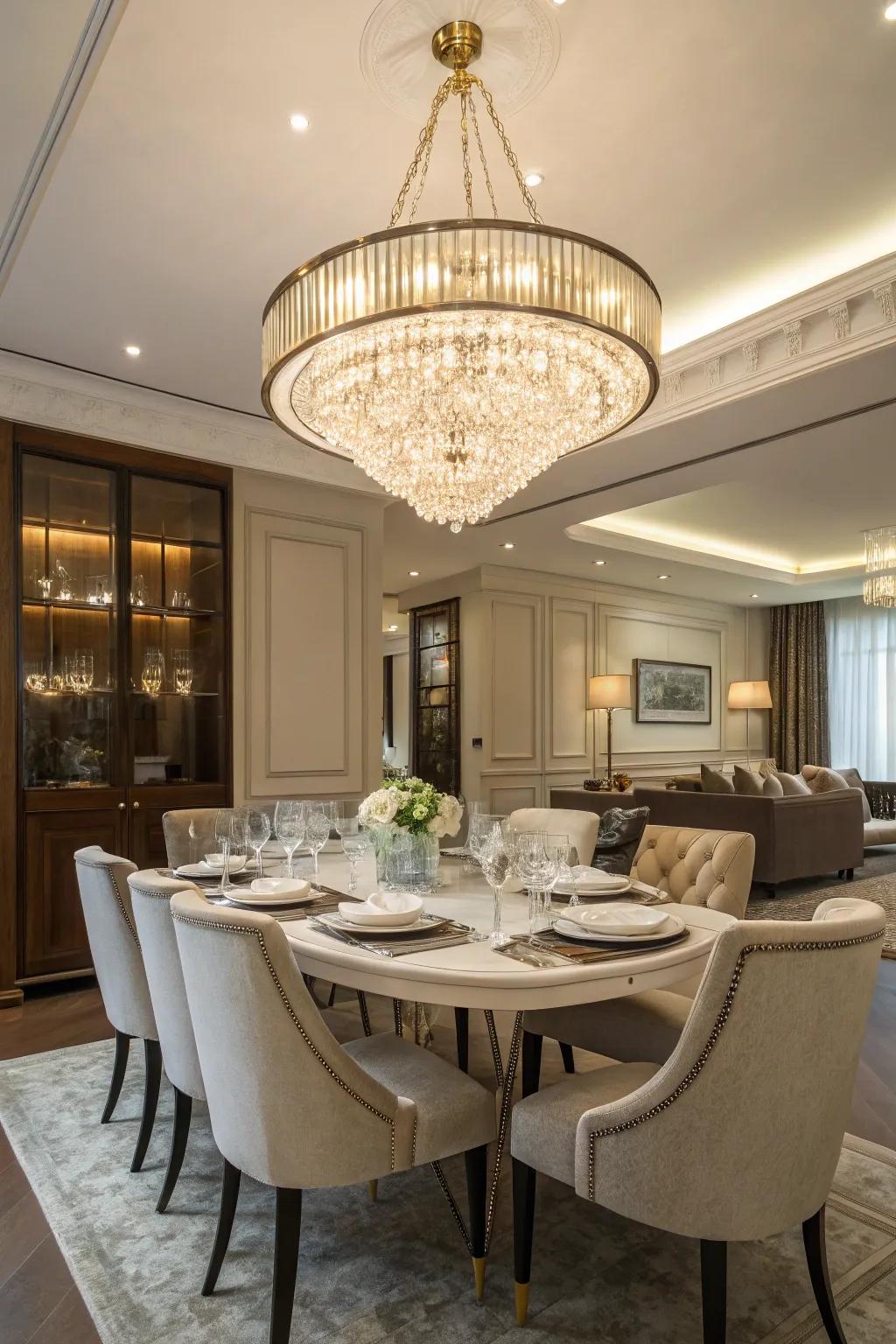 A striking overhead lamp injecting refinement and dramatic flair into the dining space.