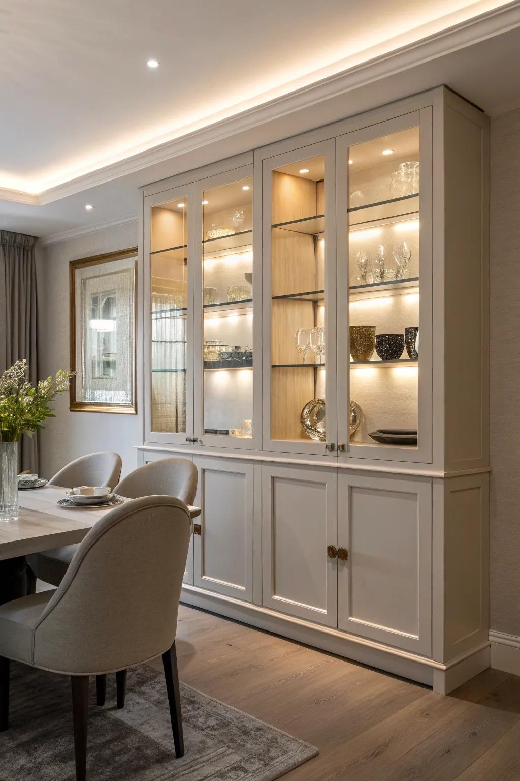 Built-in cabinets deliver a custom and elegant look in the dining room.