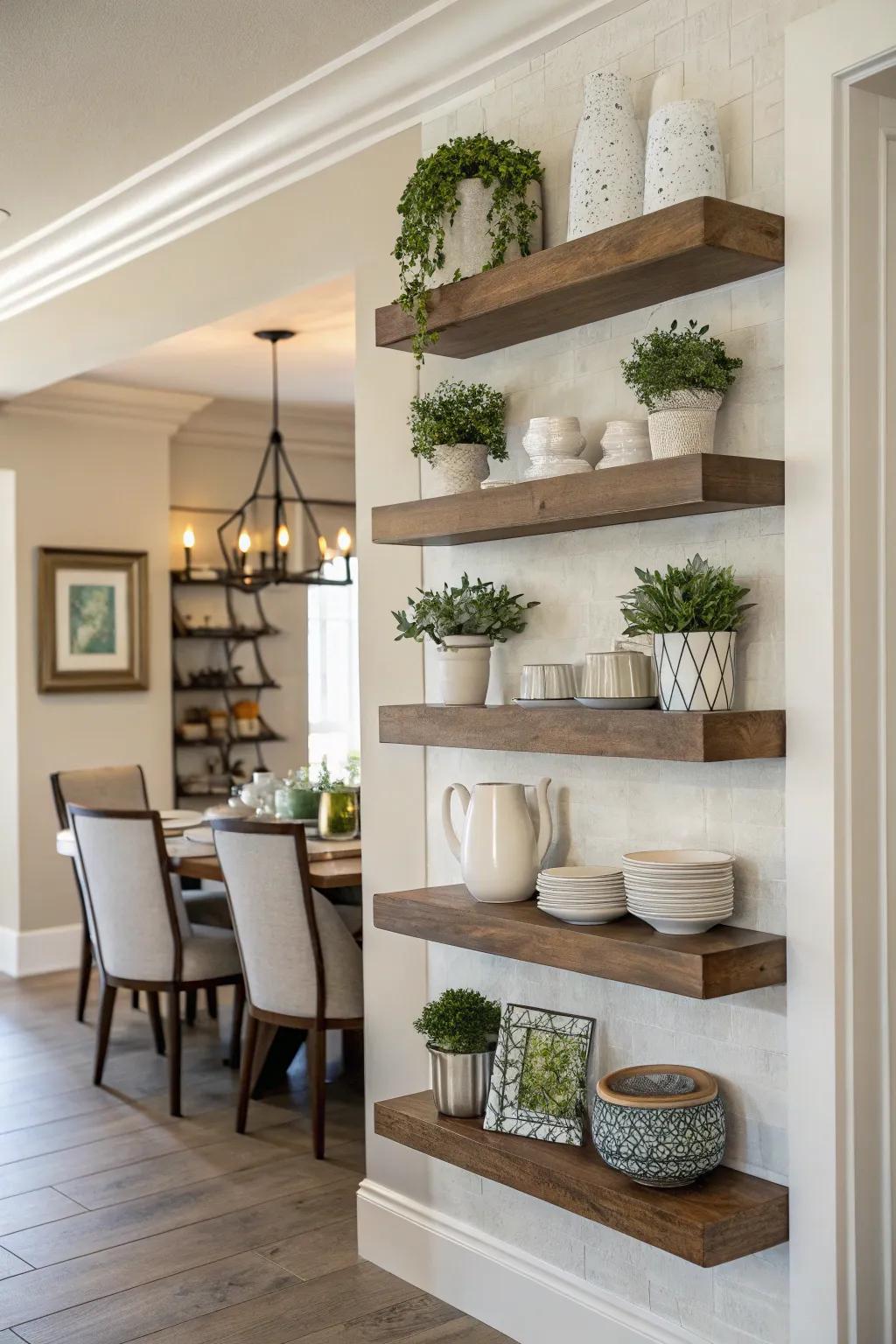 Wall-mounted shelves offer stylish storage and display options.