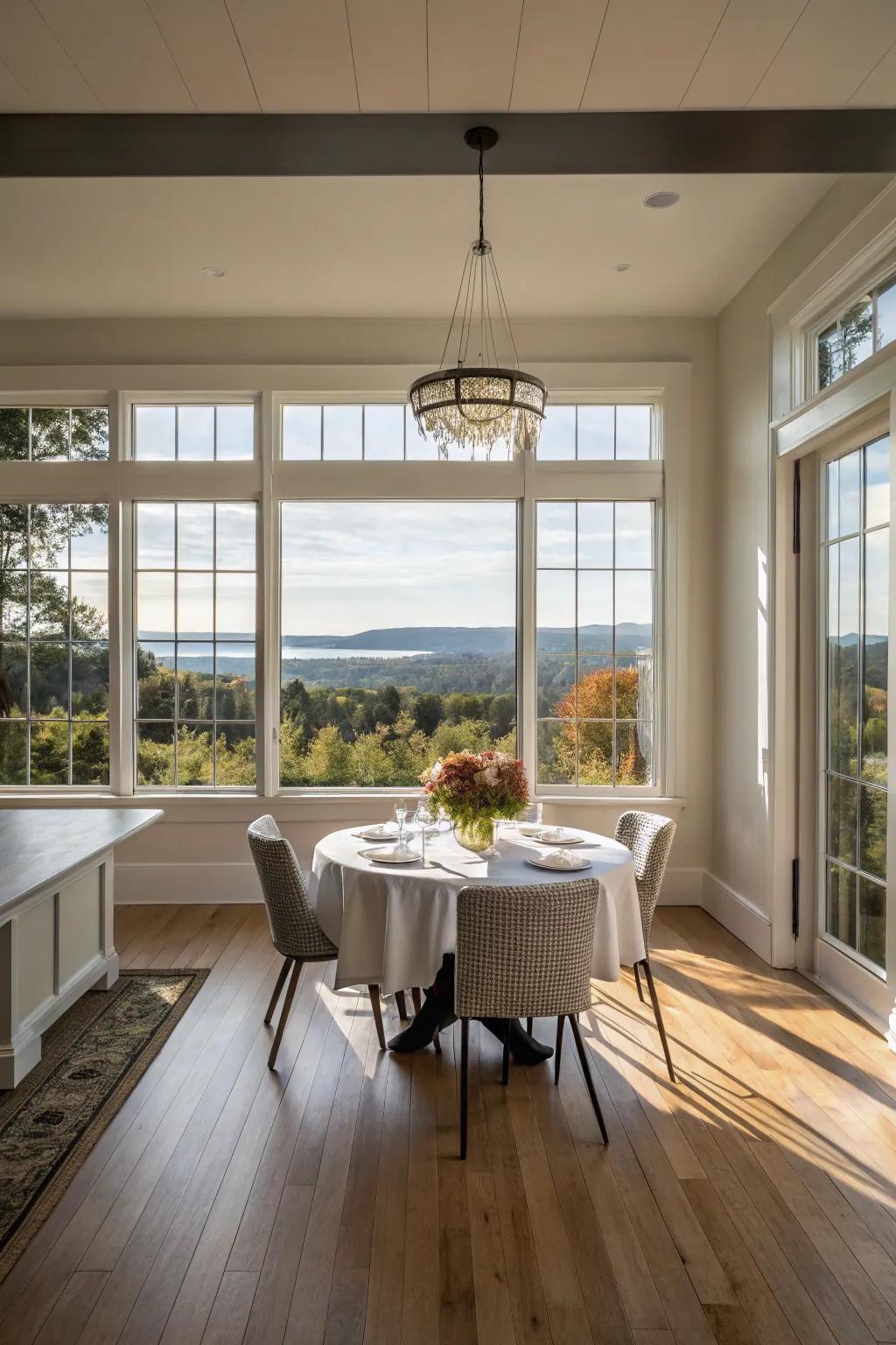 Scenic windows frame stunning outdoor settings, enhancing the dining adventure.