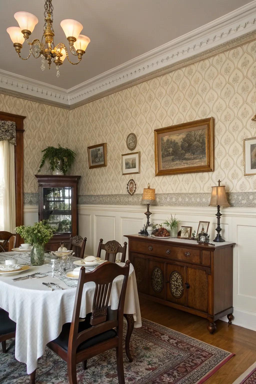 Wallpaper above the chair rail adds texture and interest.