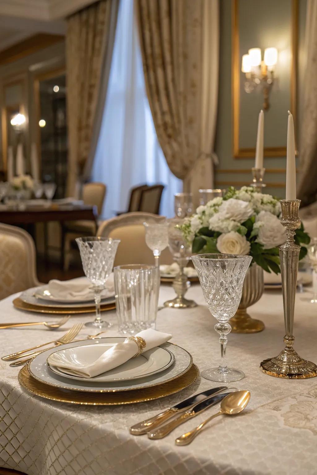 A dining table decorated with elegantly arranged tableware.