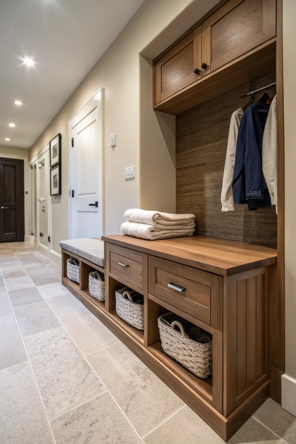 Keep your laundry unseen using under-bench storage solutions.