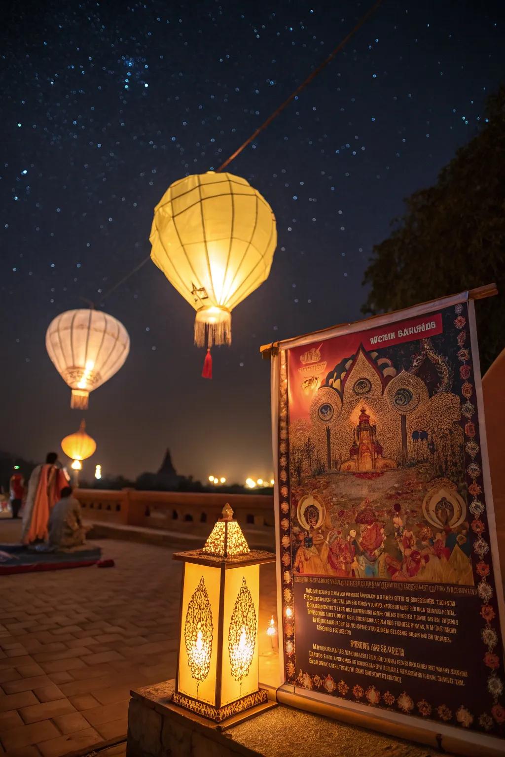 A magical Diwali poster with glowing lanterns at night.