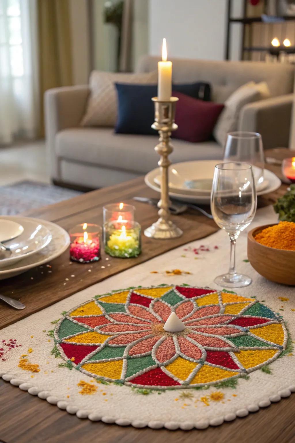 A decorative floor art design acts as a striking centerpiece for the Diwali table.