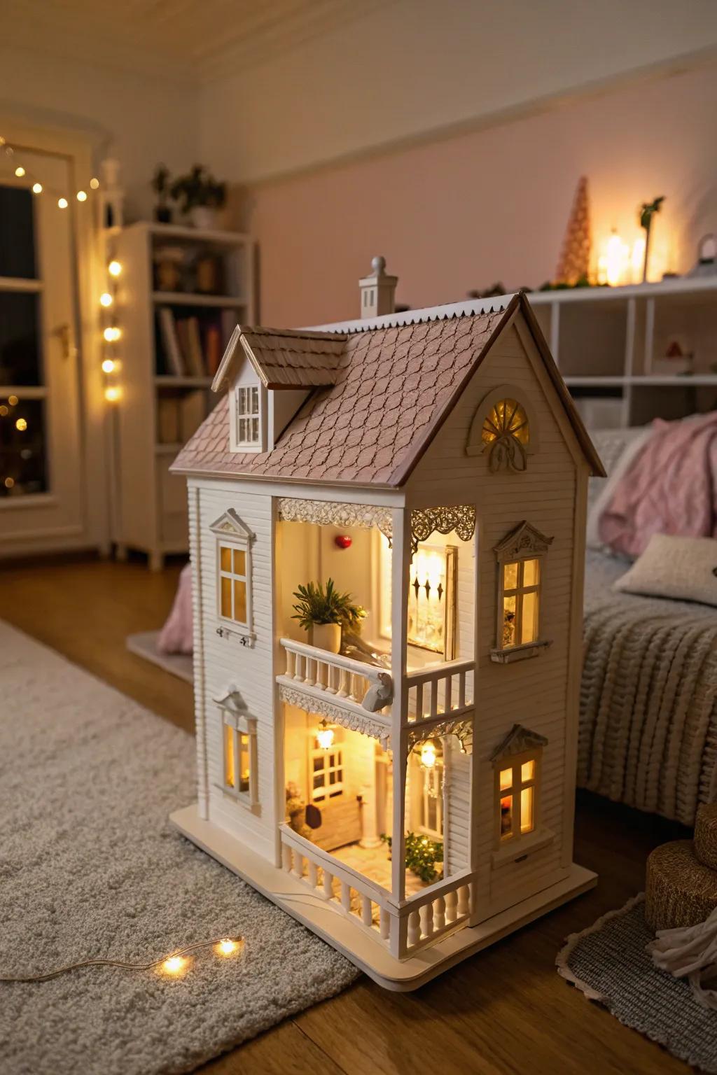 Lighting imparts a snug atmosphere to dollhouse displays.