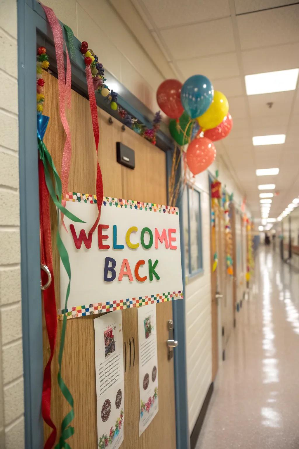 A seasonal welcome note brightens up the classroom door.