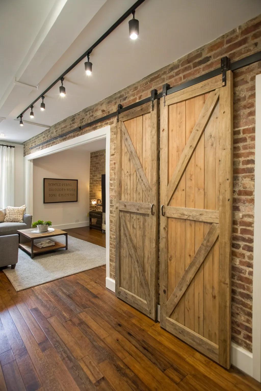 Rustic barn doors offer a cozy and space-saving solution for studio apartments.