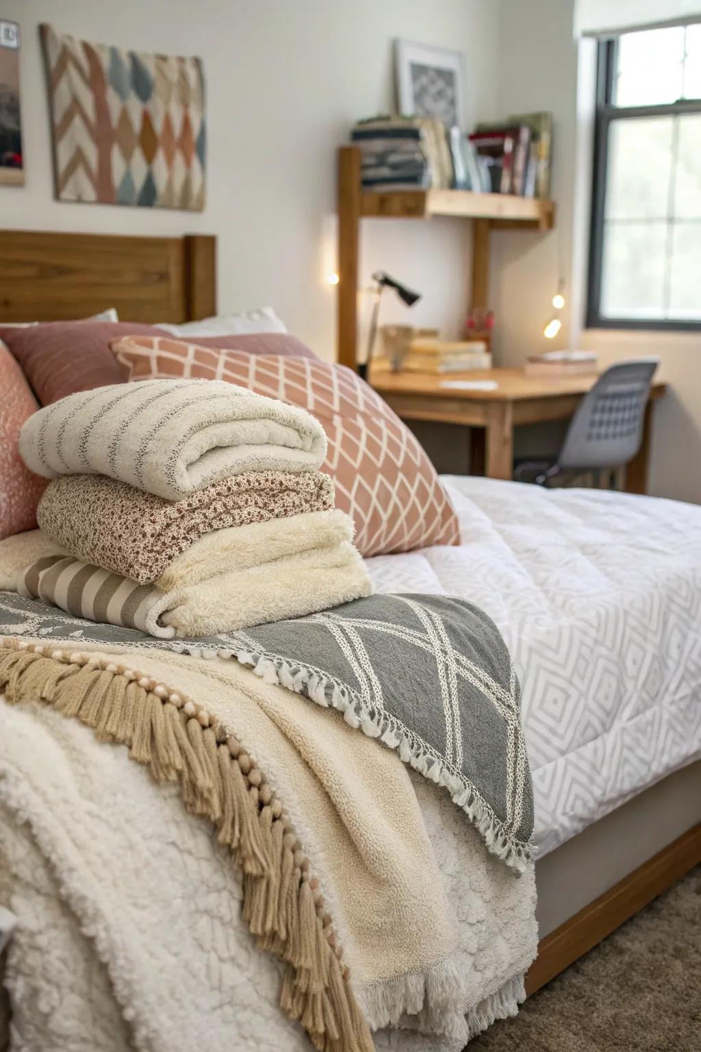 Layered bedding adds comfort and style to your dorm bed.