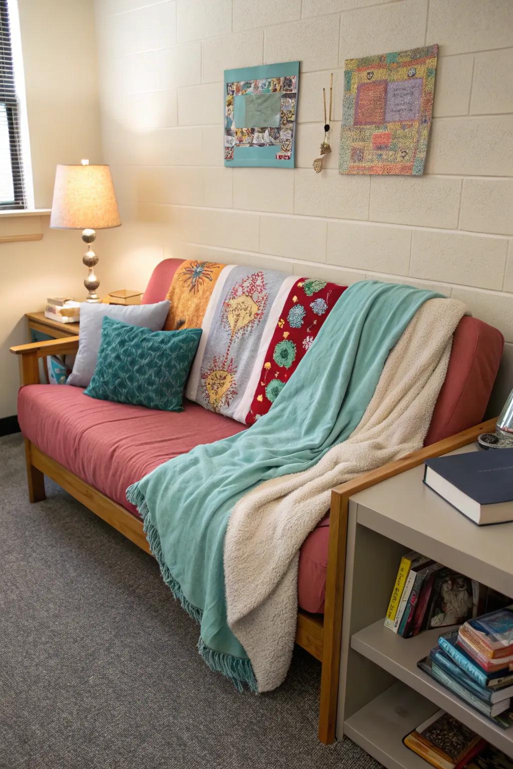 Cushions and throws bring both comfort and style to this dorm room sofa.