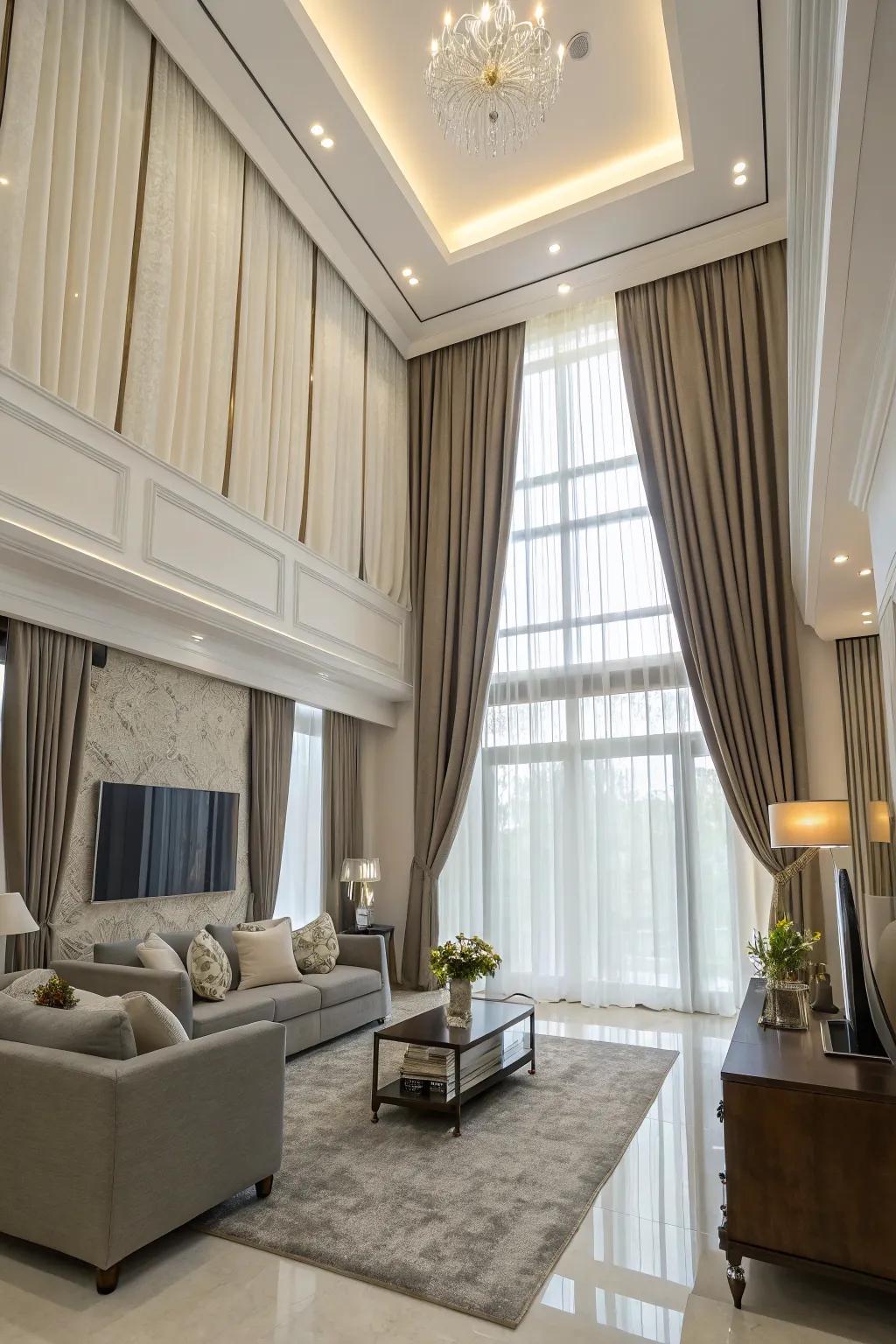 Double curtains hung from the ceiling evoke a feeling of spaciousness and drama.