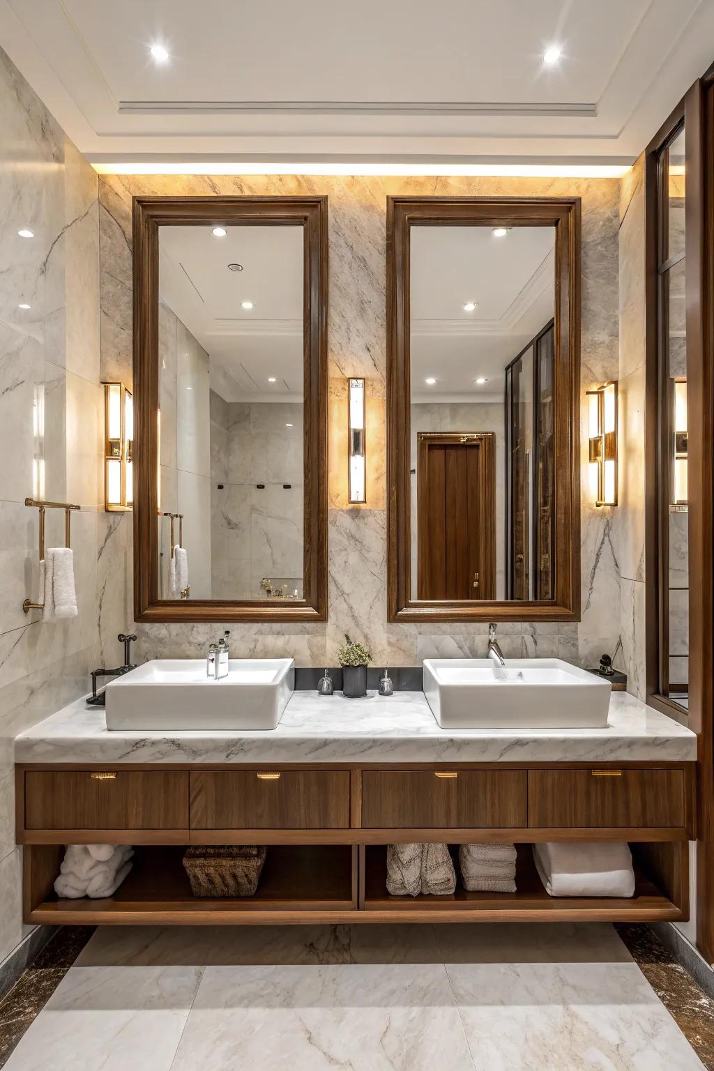 Large, impactful mirrors bring drama and elegance above double sinks.