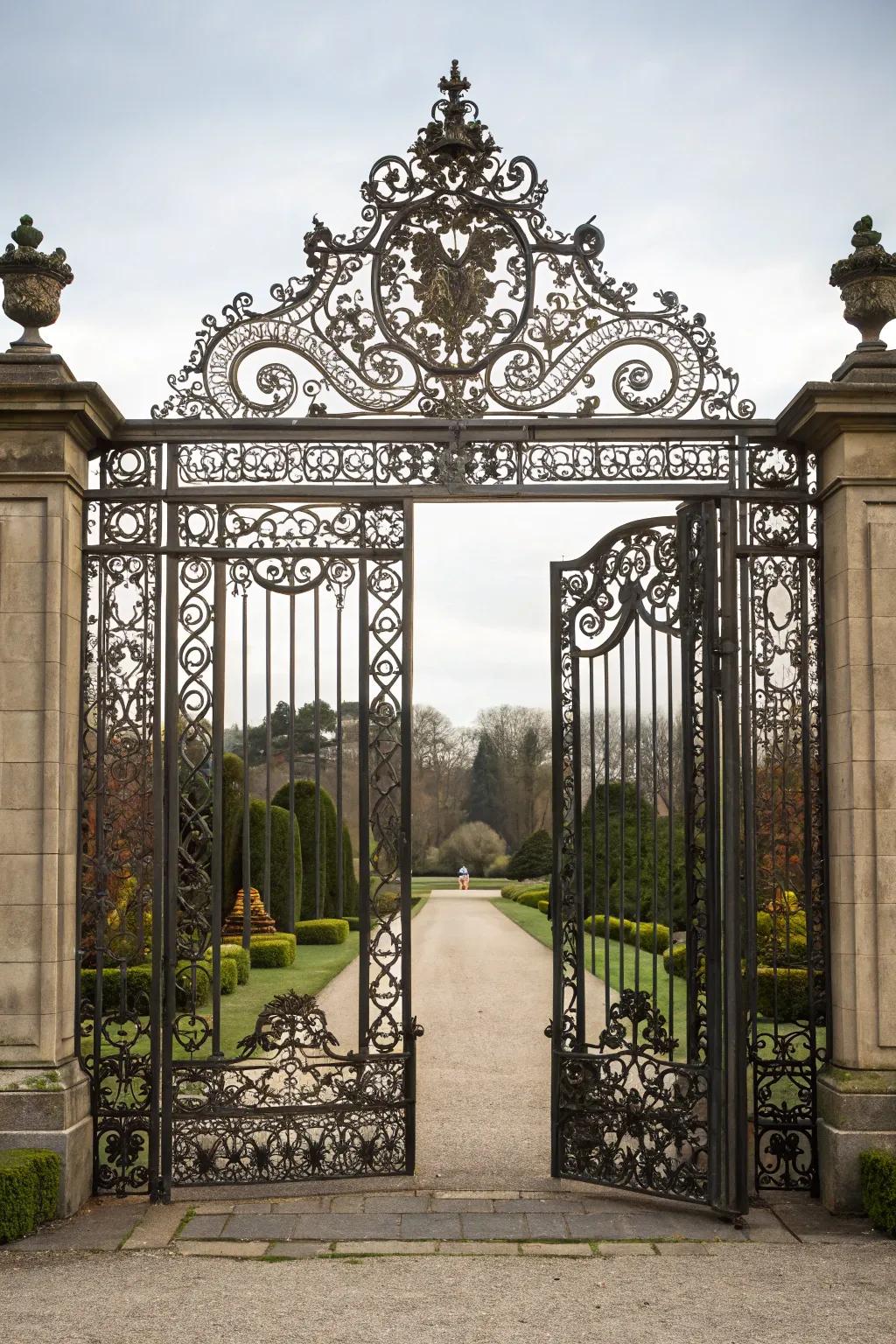 An elaborate iron double swing gate creating a magnificent entrance.