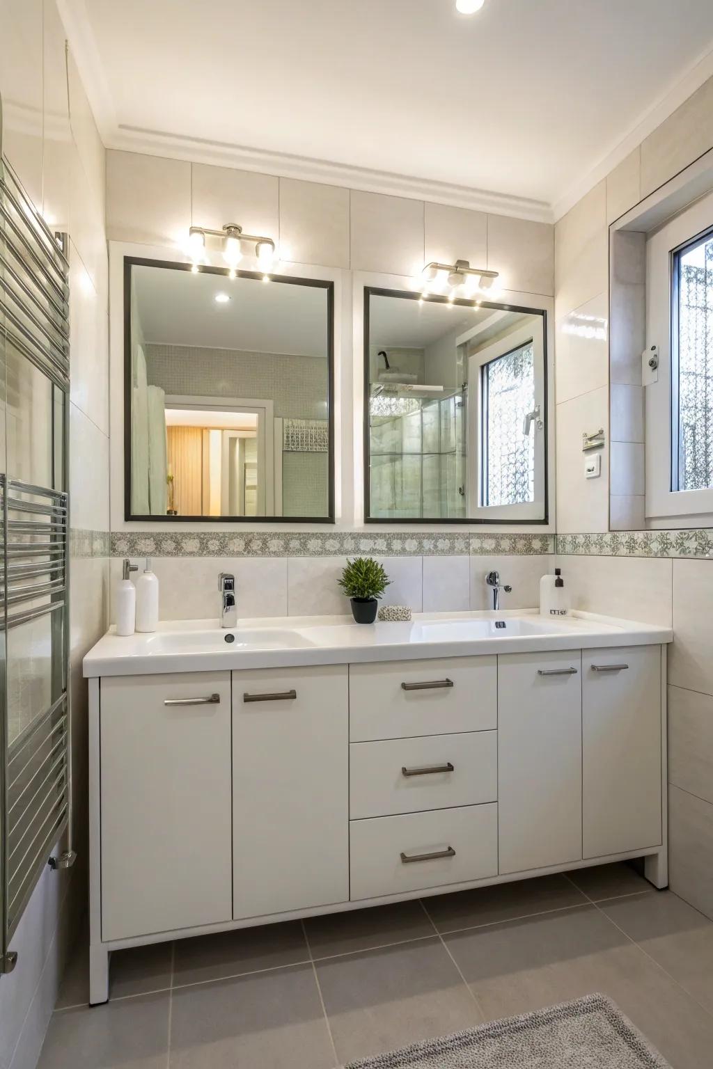 Mirror cabinets act as both storage solutions and space enhancers.