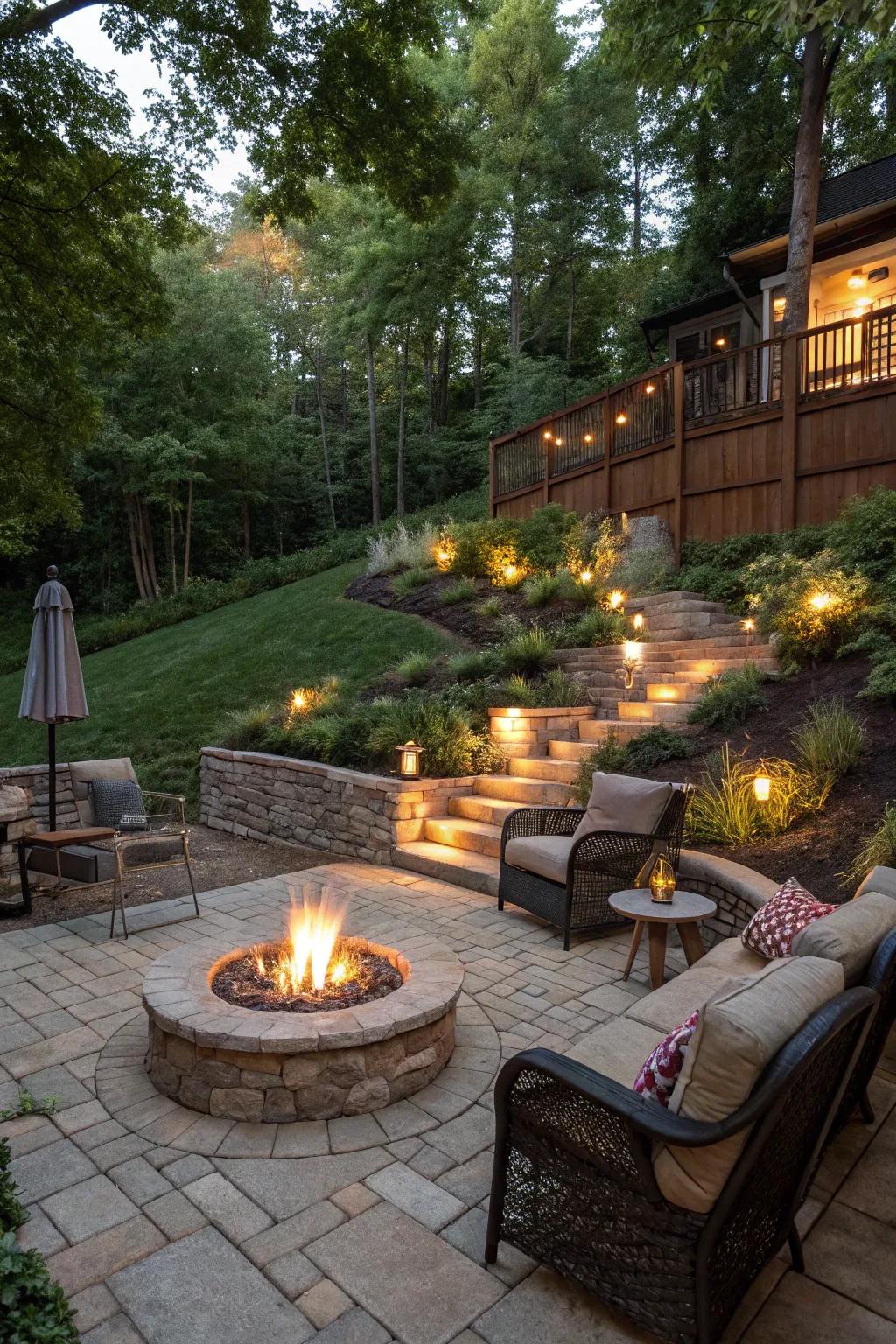 Construct a warm and welcoming gathering spot with a bonfire pit in your sloped yard.