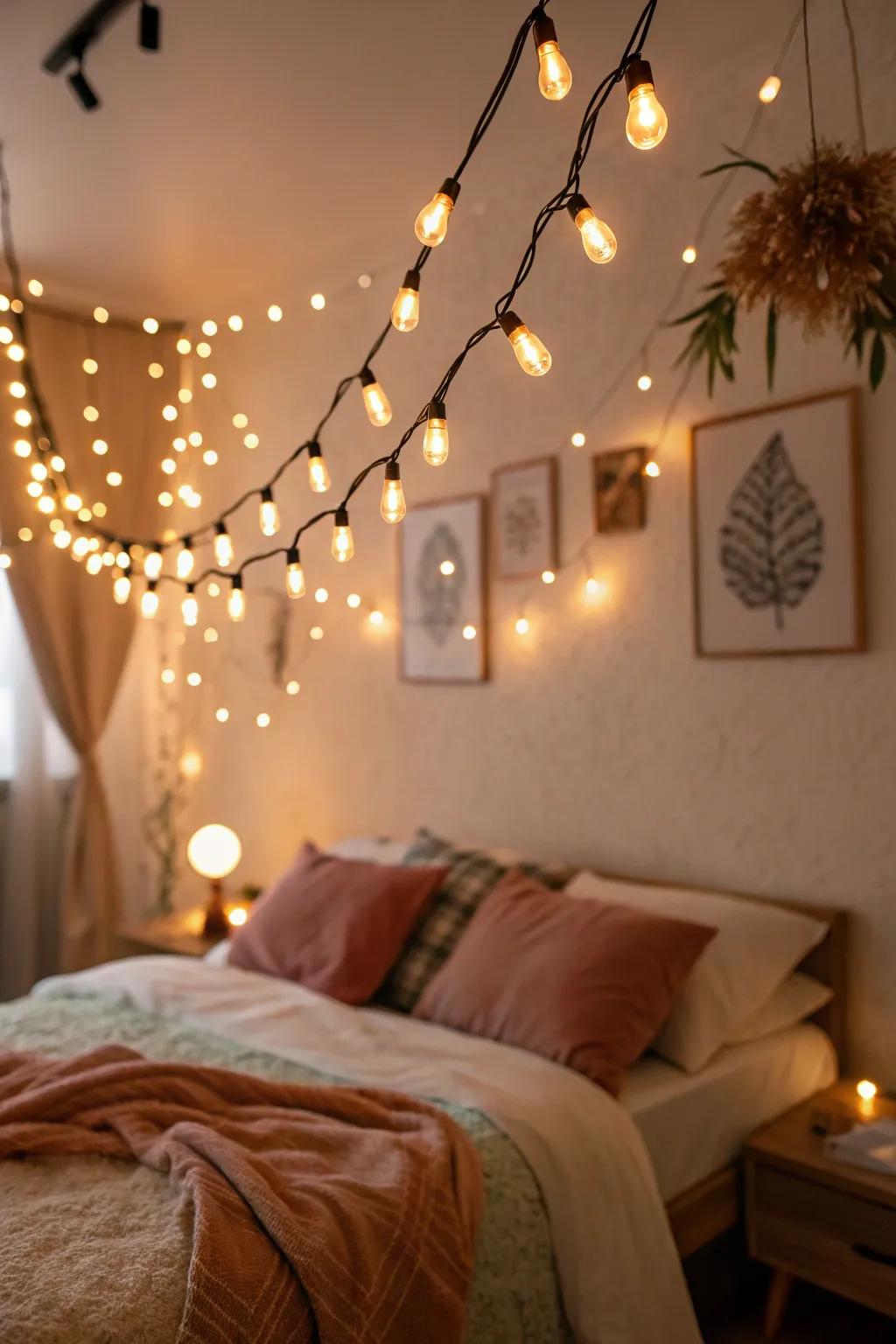Twinkle lights contribute a whimsical glow to your striking bedroom.