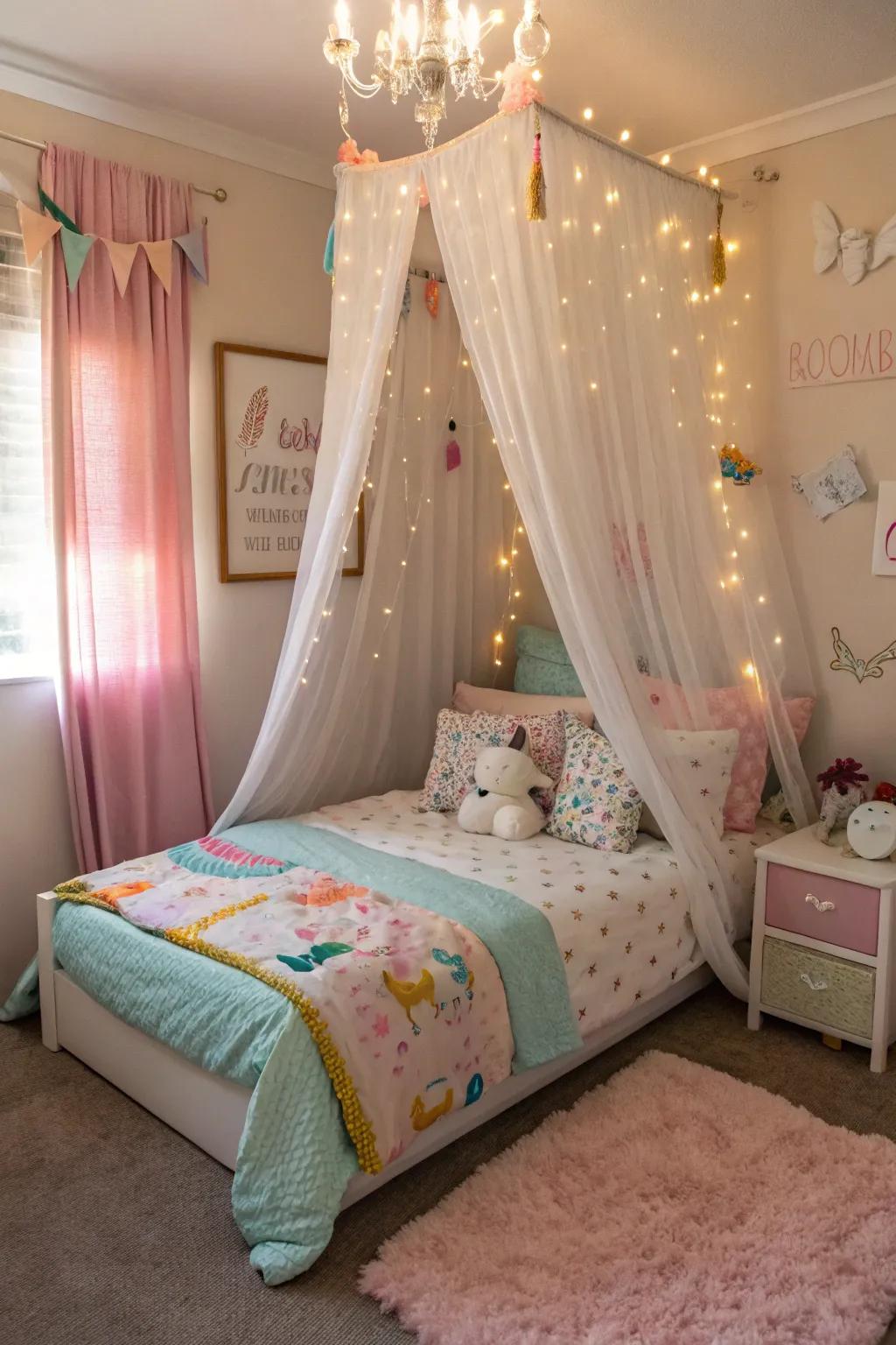 A bedroom featuring a whimsical draped bed and themed decor.