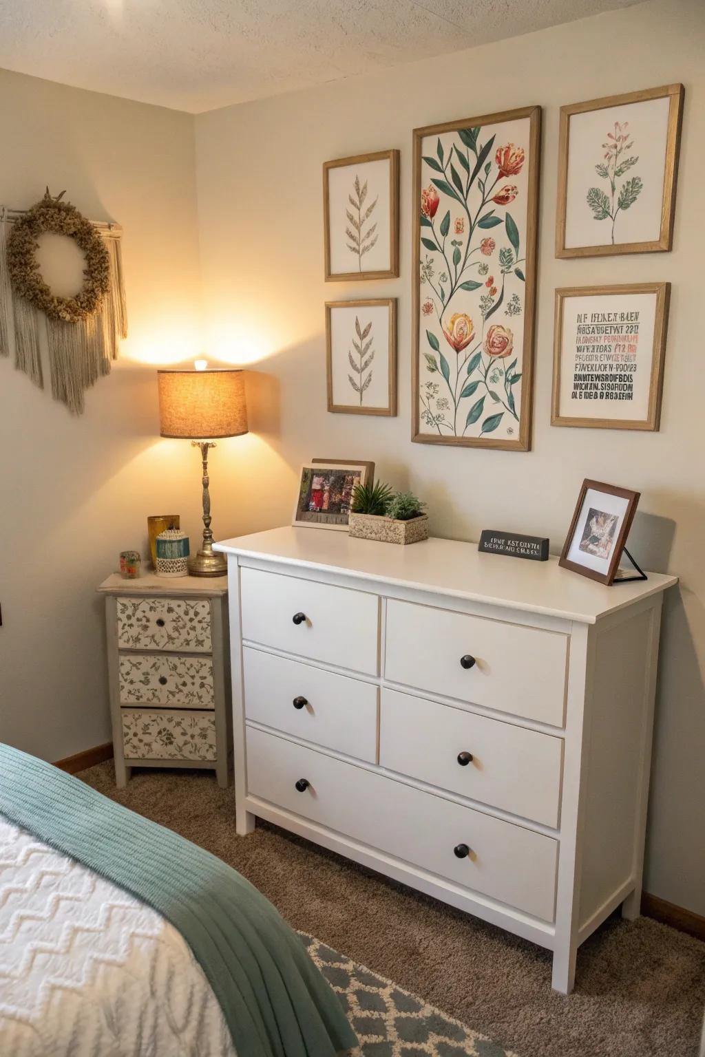 A compact dresser complemented by wall art above, crafting a fashionable vertical statement.