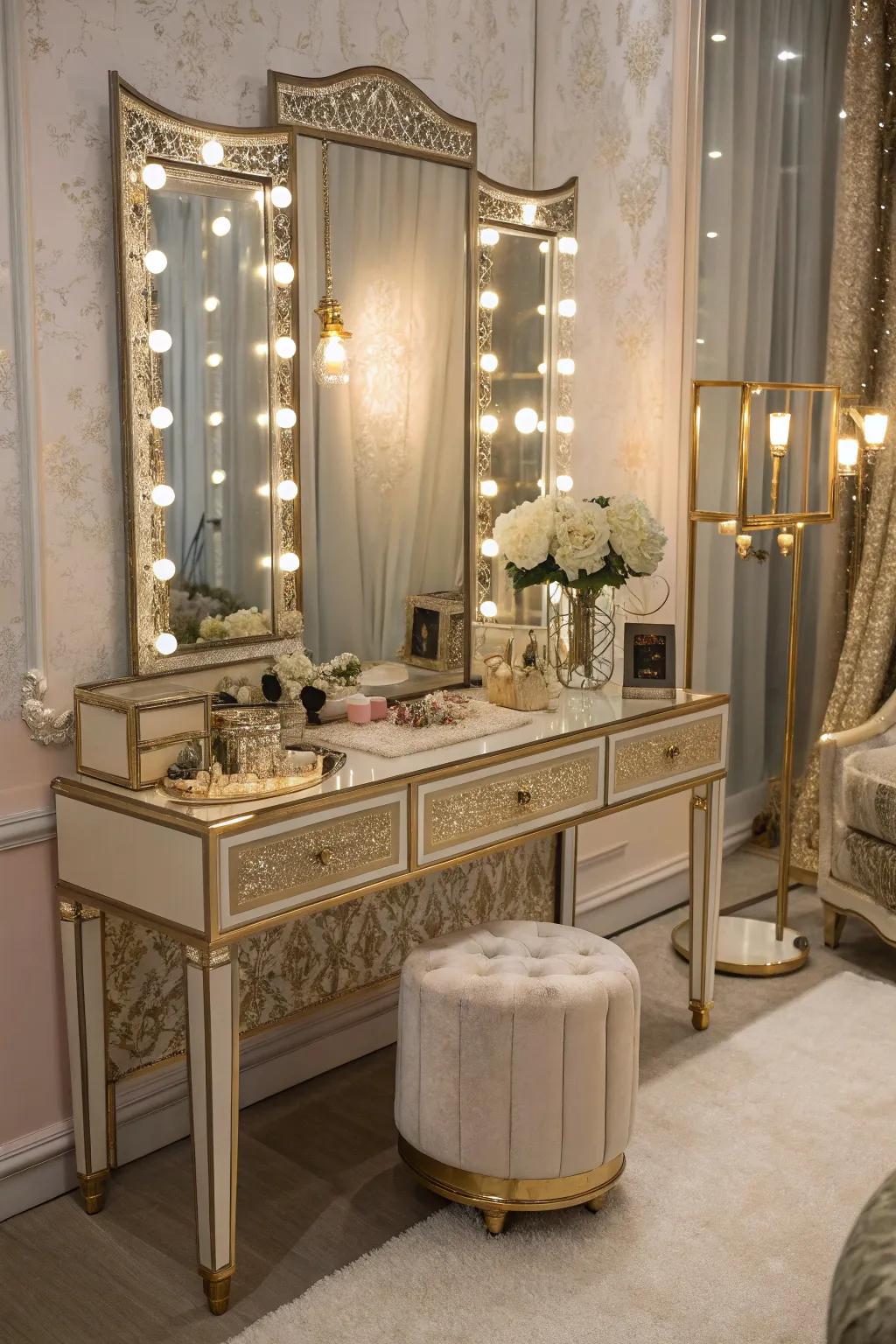 Create a glamorous retreat with opulent vanity features.