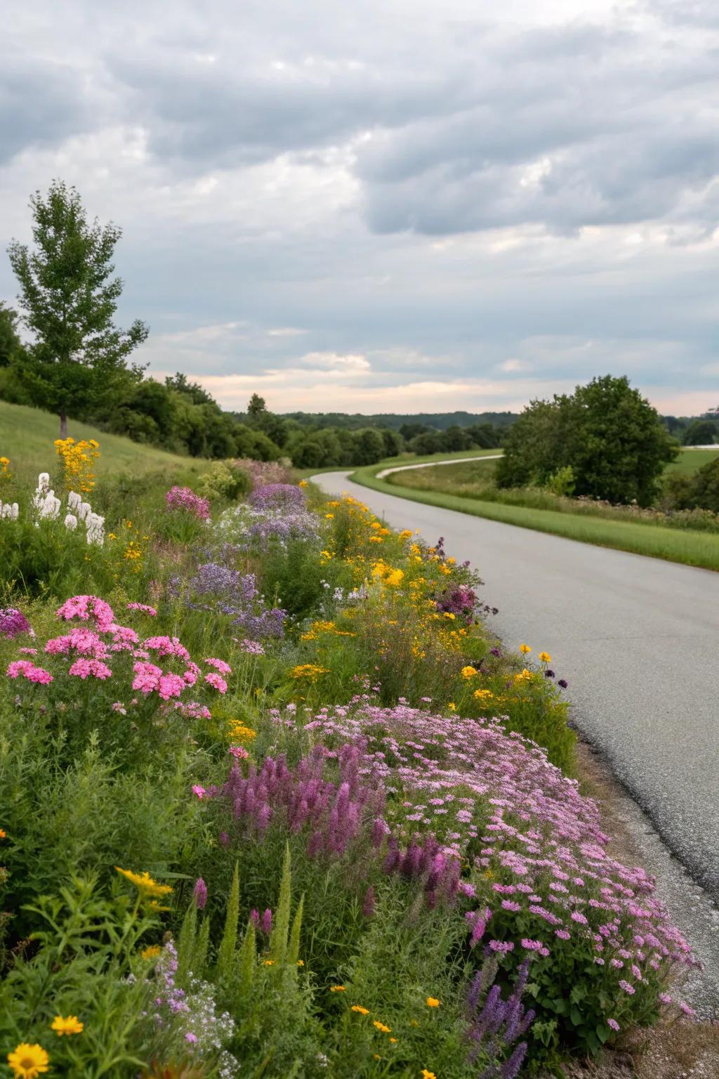 An untamed bloom refuge enhances a natural charm to the driveway.