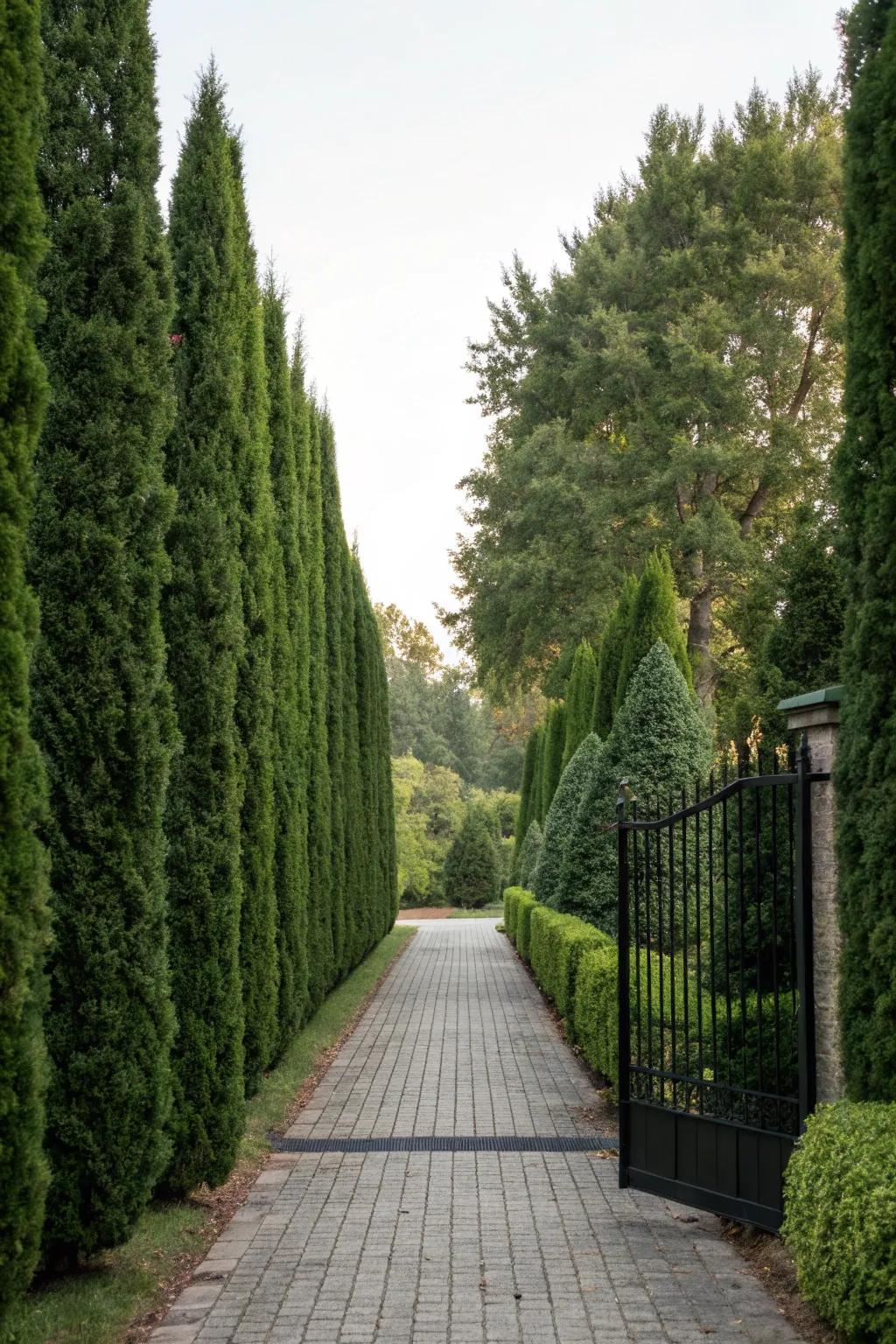 Tall sky-high tree hedges providing privacy along a driveway.