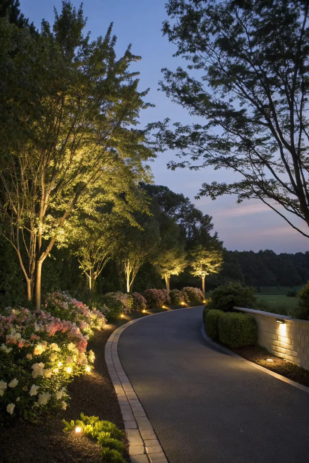 Landscape lighting enhancing the greenery around the driveway.