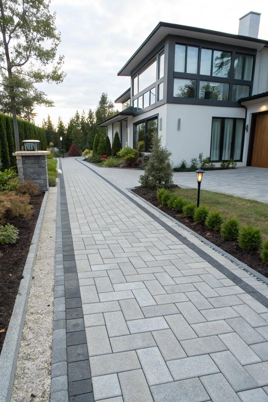 Sleek and up-to-date linear block design enhancing a contemporary home's driveway.