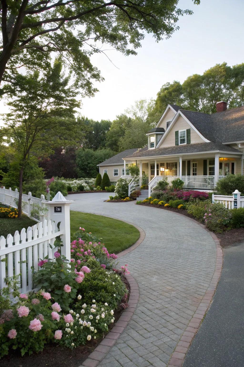 A charming half-circle driveway with decorative garden touches.