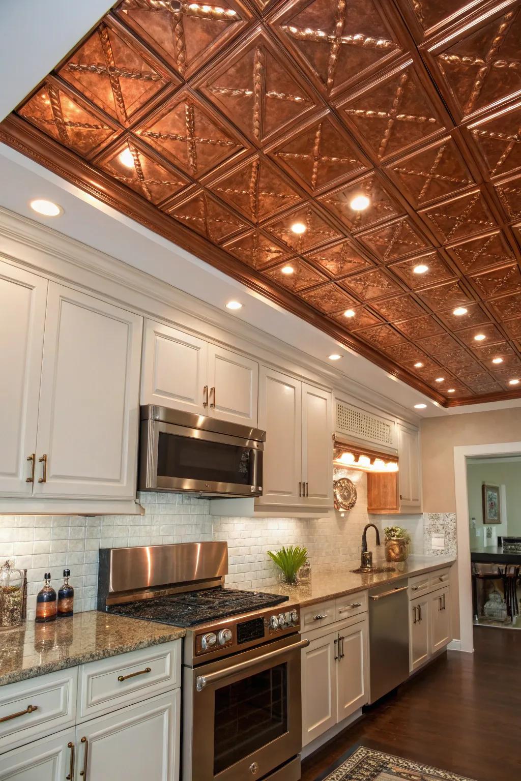 Glamour and retro appeal using metallic ceiling squares.