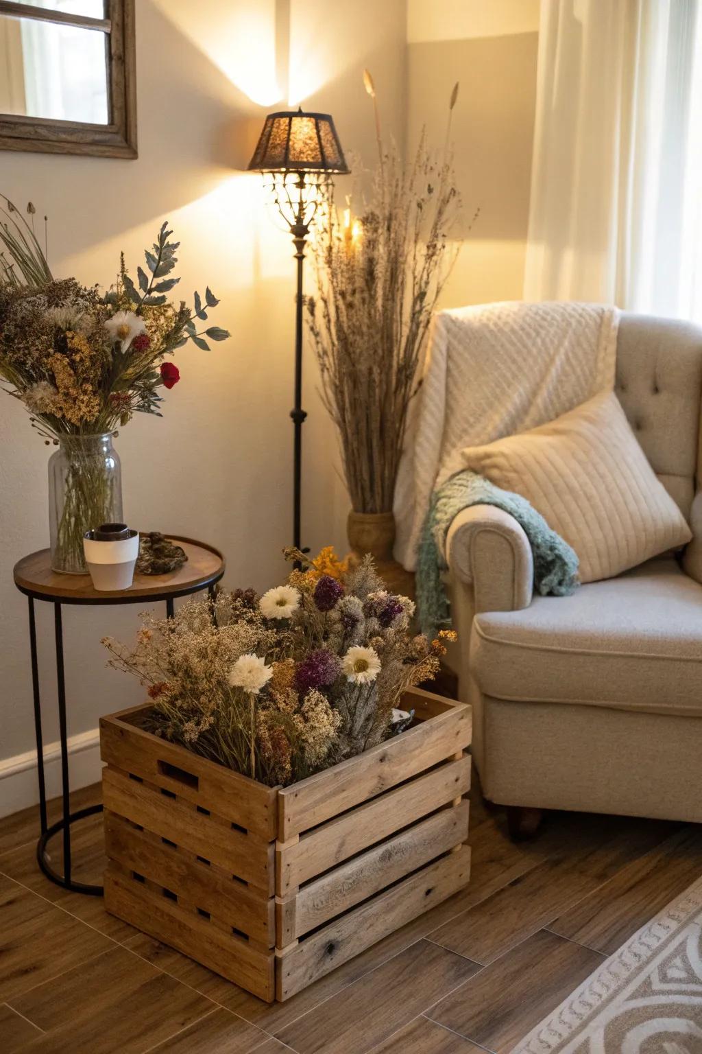 Countryside charm featuring preserved flowers and wood accents.